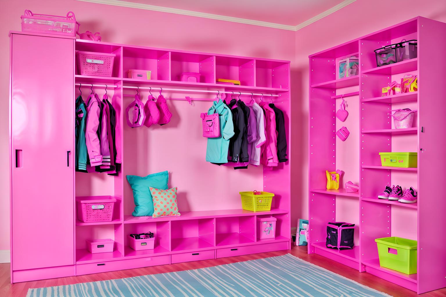 hot pink-style (drop zone interior) with shelves for shoes and lockers and a bench and high up storage and storage drawers and storage baskets and wall hooks for coats and cabinets. . with barbie plastic interior and hot pink barbie colors and hot pink barbie walls and barbie closet and barbie sofa and barbie bold rosy hues like fuchsia and magenta and barbie glitter and sparkle and barbie chairs. . cinematic photo, highly detailed, cinematic lighting, ultra-detailed, ultrarealistic, photorealism, 8k. hot pink interior design style. masterpiece, cinematic light, ultrarealistic+, photorealistic+, 8k, raw photo, realistic, sharp focus on eyes, (symmetrical eyes), (intact eyes), hyperrealistic, highest quality, best quality, , highly detailed, masterpiece, best quality, extremely detailed 8k wallpaper, masterpiece, best quality, ultra-detailed, best shadow, detailed background, detailed face, detailed eyes, high contrast, best illumination, detailed face, dulux, caustic, dynamic angle, detailed glow. dramatic lighting. highly detailed, insanely detailed hair, symmetrical, intricate details, professionally retouched, 8k high definition. strong bokeh. award winning photo.