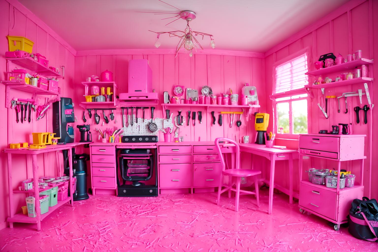 hot pink-style (workshop interior) with messy and tool wall and wooden workbench and messy. . with barbie style interior and barbie chairs and barbie glitter and sparkle and hot pink barbie colors and barbie closet and barbie plastic interior and hot pink barbie walls and barbie bold rosy hues like fuchsia and magenta. . cinematic photo, highly detailed, cinematic lighting, ultra-detailed, ultrarealistic, photorealism, 8k. hot pink interior design style. masterpiece, cinematic light, ultrarealistic+, photorealistic+, 8k, raw photo, realistic, sharp focus on eyes, (symmetrical eyes), (intact eyes), hyperrealistic, highest quality, best quality, , highly detailed, masterpiece, best quality, extremely detailed 8k wallpaper, masterpiece, best quality, ultra-detailed, best shadow, detailed background, detailed face, detailed eyes, high contrast, best illumination, detailed face, dulux, caustic, dynamic angle, detailed glow. dramatic lighting. highly detailed, insanely detailed hair, symmetrical, intricate details, professionally retouched, 8k high definition. strong bokeh. award winning photo.