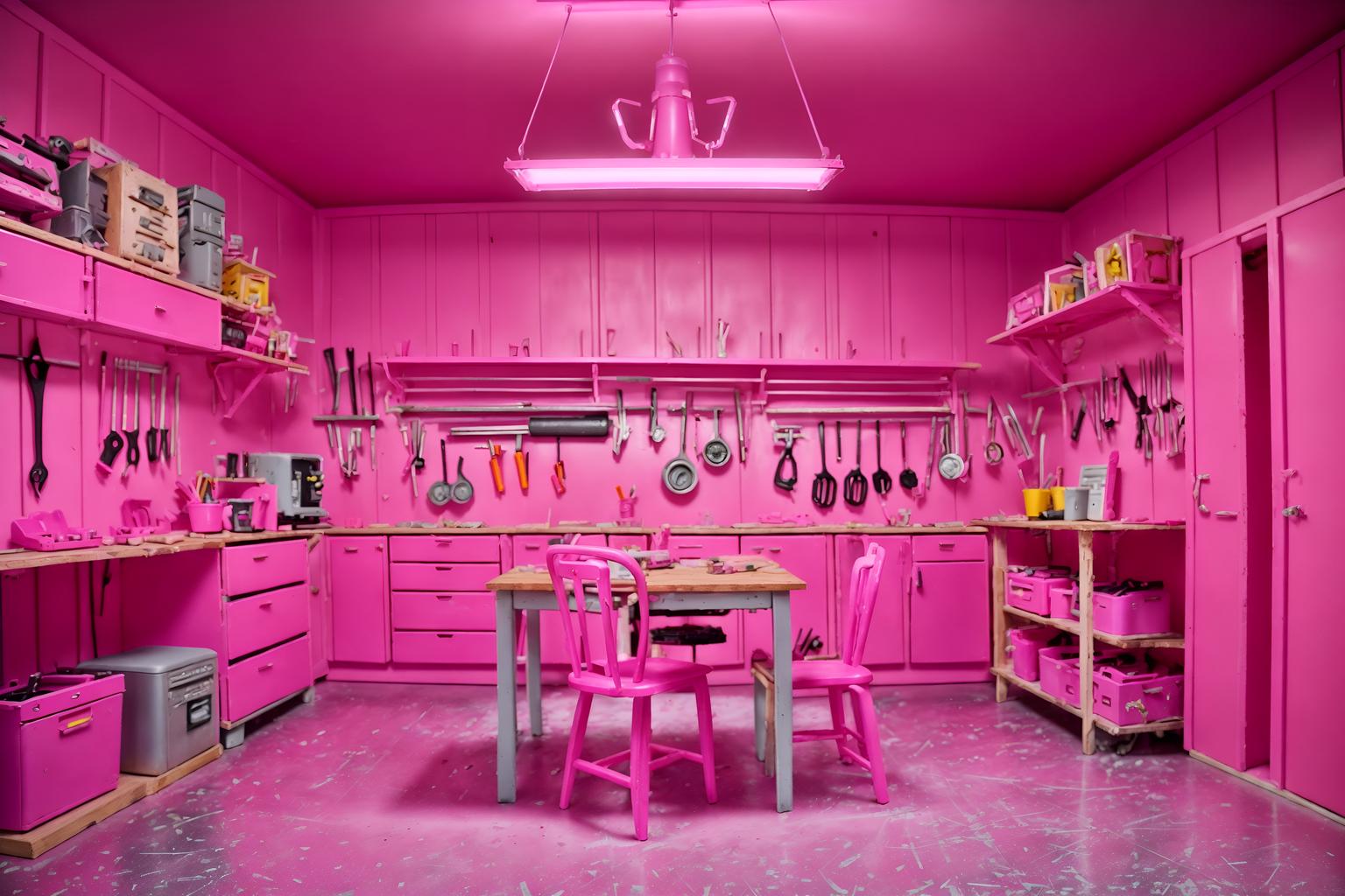 hot pink-style (workshop interior) with messy and tool wall and wooden workbench and messy. . with barbie style interior and barbie chairs and barbie glitter and sparkle and hot pink barbie colors and barbie closet and barbie plastic interior and hot pink barbie walls and barbie bold rosy hues like fuchsia and magenta. . cinematic photo, highly detailed, cinematic lighting, ultra-detailed, ultrarealistic, photorealism, 8k. hot pink interior design style. masterpiece, cinematic light, ultrarealistic+, photorealistic+, 8k, raw photo, realistic, sharp focus on eyes, (symmetrical eyes), (intact eyes), hyperrealistic, highest quality, best quality, , highly detailed, masterpiece, best quality, extremely detailed 8k wallpaper, masterpiece, best quality, ultra-detailed, best shadow, detailed background, detailed face, detailed eyes, high contrast, best illumination, detailed face, dulux, caustic, dynamic angle, detailed glow. dramatic lighting. highly detailed, insanely detailed hair, symmetrical, intricate details, professionally retouched, 8k high definition. strong bokeh. award winning photo.