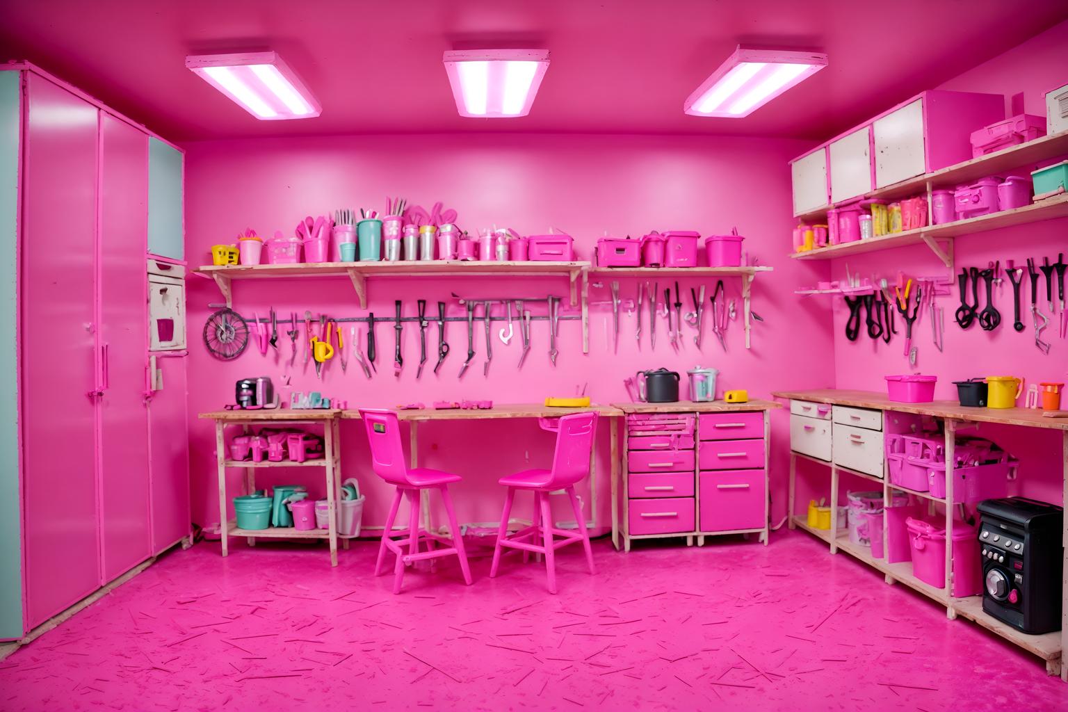 hot pink-style (workshop interior) with messy and tool wall and wooden workbench and messy. . with barbie style interior and barbie chairs and barbie glitter and sparkle and hot pink barbie colors and barbie closet and barbie plastic interior and hot pink barbie walls and barbie bold rosy hues like fuchsia and magenta. . cinematic photo, highly detailed, cinematic lighting, ultra-detailed, ultrarealistic, photorealism, 8k. hot pink interior design style. masterpiece, cinematic light, ultrarealistic+, photorealistic+, 8k, raw photo, realistic, sharp focus on eyes, (symmetrical eyes), (intact eyes), hyperrealistic, highest quality, best quality, , highly detailed, masterpiece, best quality, extremely detailed 8k wallpaper, masterpiece, best quality, ultra-detailed, best shadow, detailed background, detailed face, detailed eyes, high contrast, best illumination, detailed face, dulux, caustic, dynamic angle, detailed glow. dramatic lighting. highly detailed, insanely detailed hair, symmetrical, intricate details, professionally retouched, 8k high definition. strong bokeh. award winning photo.