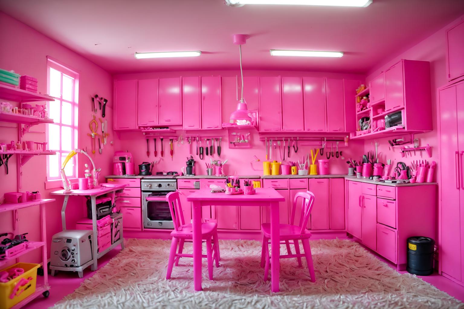 hot pink-style (workshop interior) with messy and tool wall and wooden workbench and messy. . with barbie style interior and barbie chairs and barbie glitter and sparkle and hot pink barbie colors and barbie closet and barbie plastic interior and hot pink barbie walls and barbie bold rosy hues like fuchsia and magenta. . cinematic photo, highly detailed, cinematic lighting, ultra-detailed, ultrarealistic, photorealism, 8k. hot pink interior design style. masterpiece, cinematic light, ultrarealistic+, photorealistic+, 8k, raw photo, realistic, sharp focus on eyes, (symmetrical eyes), (intact eyes), hyperrealistic, highest quality, best quality, , highly detailed, masterpiece, best quality, extremely detailed 8k wallpaper, masterpiece, best quality, ultra-detailed, best shadow, detailed background, detailed face, detailed eyes, high contrast, best illumination, detailed face, dulux, caustic, dynamic angle, detailed glow. dramatic lighting. highly detailed, insanely detailed hair, symmetrical, intricate details, professionally retouched, 8k high definition. strong bokeh. award winning photo.