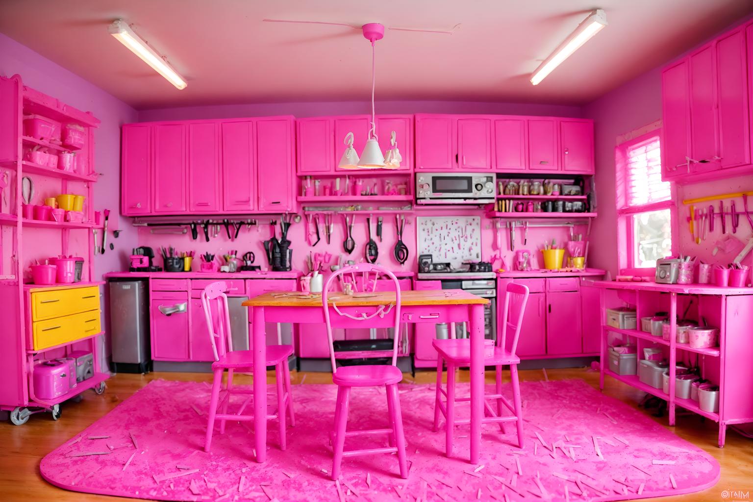 hot pink-style (workshop interior) with messy and tool wall and wooden workbench and messy. . with barbie style interior and barbie chairs and barbie glitter and sparkle and hot pink barbie colors and barbie closet and barbie plastic interior and hot pink barbie walls and barbie bold rosy hues like fuchsia and magenta. . cinematic photo, highly detailed, cinematic lighting, ultra-detailed, ultrarealistic, photorealism, 8k. hot pink interior design style. masterpiece, cinematic light, ultrarealistic+, photorealistic+, 8k, raw photo, realistic, sharp focus on eyes, (symmetrical eyes), (intact eyes), hyperrealistic, highest quality, best quality, , highly detailed, masterpiece, best quality, extremely detailed 8k wallpaper, masterpiece, best quality, ultra-detailed, best shadow, detailed background, detailed face, detailed eyes, high contrast, best illumination, detailed face, dulux, caustic, dynamic angle, detailed glow. dramatic lighting. highly detailed, insanely detailed hair, symmetrical, intricate details, professionally retouched, 8k high definition. strong bokeh. award winning photo.