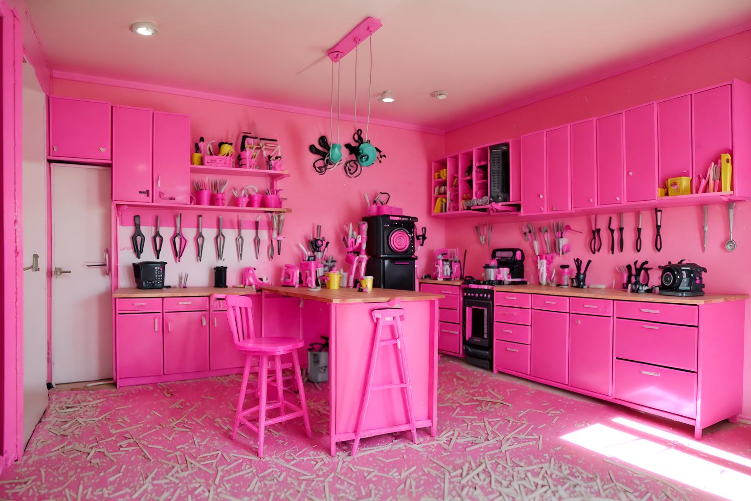 hot pink-style (workshop interior) with messy and tool wall and wooden workbench and messy. . with barbie style interior and barbie chairs and barbie glitter and sparkle and hot pink barbie colors and barbie closet and barbie plastic interior and hot pink barbie walls and barbie bold rosy hues like fuchsia and magenta. . cinematic photo, highly detailed, cinematic lighting, ultra-detailed, ultrarealistic, photorealism, 8k. hot pink interior design style. masterpiece, cinematic light, ultrarealistic+, photorealistic+, 8k, raw photo, realistic, sharp focus on eyes, (symmetrical eyes), (intact eyes), hyperrealistic, highest quality, best quality, , highly detailed, masterpiece, best quality, extremely detailed 8k wallpaper, masterpiece, best quality, ultra-detailed, best shadow, detailed background, detailed face, detailed eyes, high contrast, best illumination, detailed face, dulux, caustic, dynamic angle, detailed glow. dramatic lighting. highly detailed, insanely detailed hair, symmetrical, intricate details, professionally retouched, 8k high definition. strong bokeh. award winning photo.