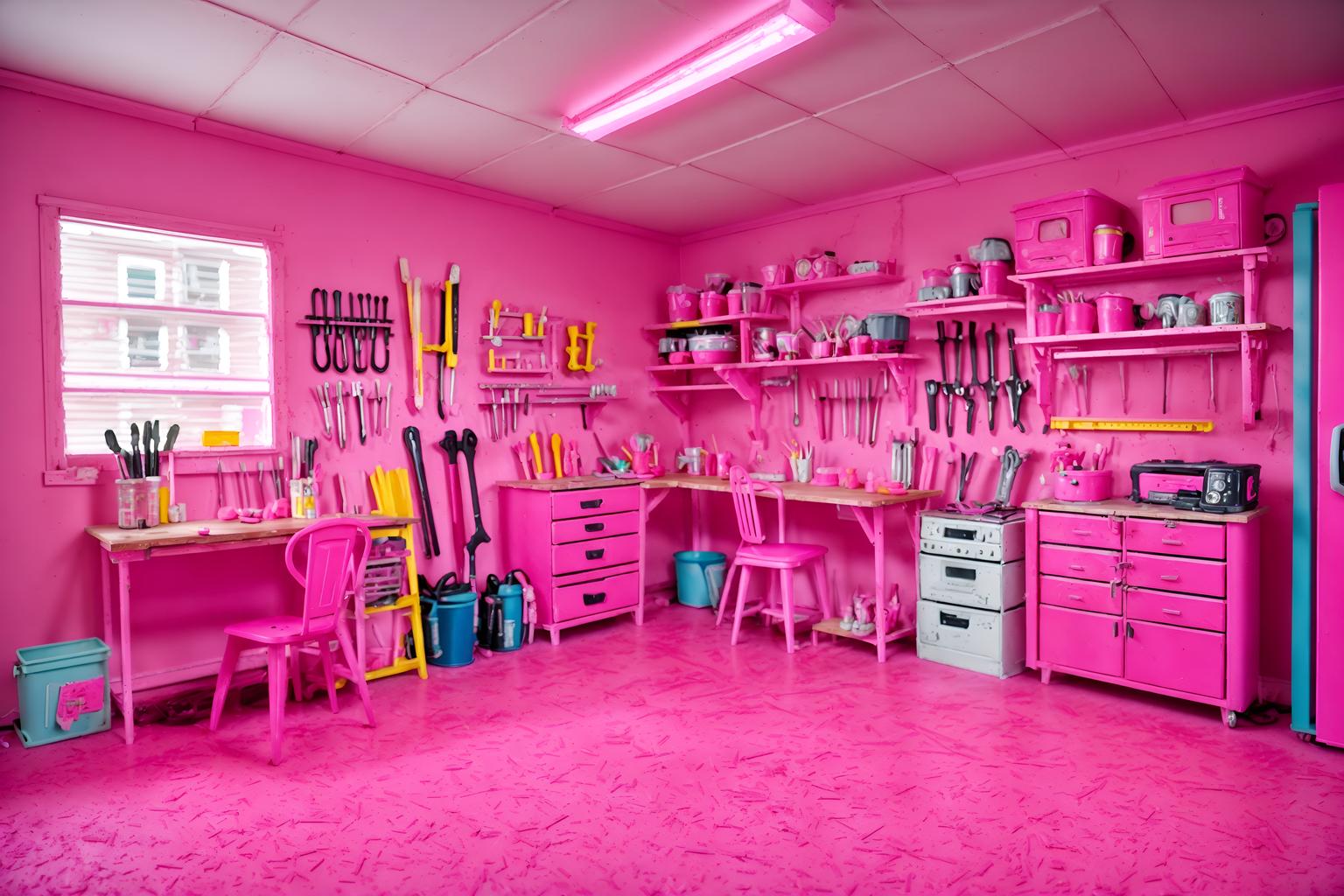 hot pink-style (workshop interior) with messy and tool wall and wooden workbench and messy. . with barbie style interior and barbie chairs and barbie glitter and sparkle and hot pink barbie colors and barbie closet and barbie plastic interior and hot pink barbie walls and barbie bold rosy hues like fuchsia and magenta. . cinematic photo, highly detailed, cinematic lighting, ultra-detailed, ultrarealistic, photorealism, 8k. hot pink interior design style. masterpiece, cinematic light, ultrarealistic+, photorealistic+, 8k, raw photo, realistic, sharp focus on eyes, (symmetrical eyes), (intact eyes), hyperrealistic, highest quality, best quality, , highly detailed, masterpiece, best quality, extremely detailed 8k wallpaper, masterpiece, best quality, ultra-detailed, best shadow, detailed background, detailed face, detailed eyes, high contrast, best illumination, detailed face, dulux, caustic, dynamic angle, detailed glow. dramatic lighting. highly detailed, insanely detailed hair, symmetrical, intricate details, professionally retouched, 8k high definition. strong bokeh. award winning photo.