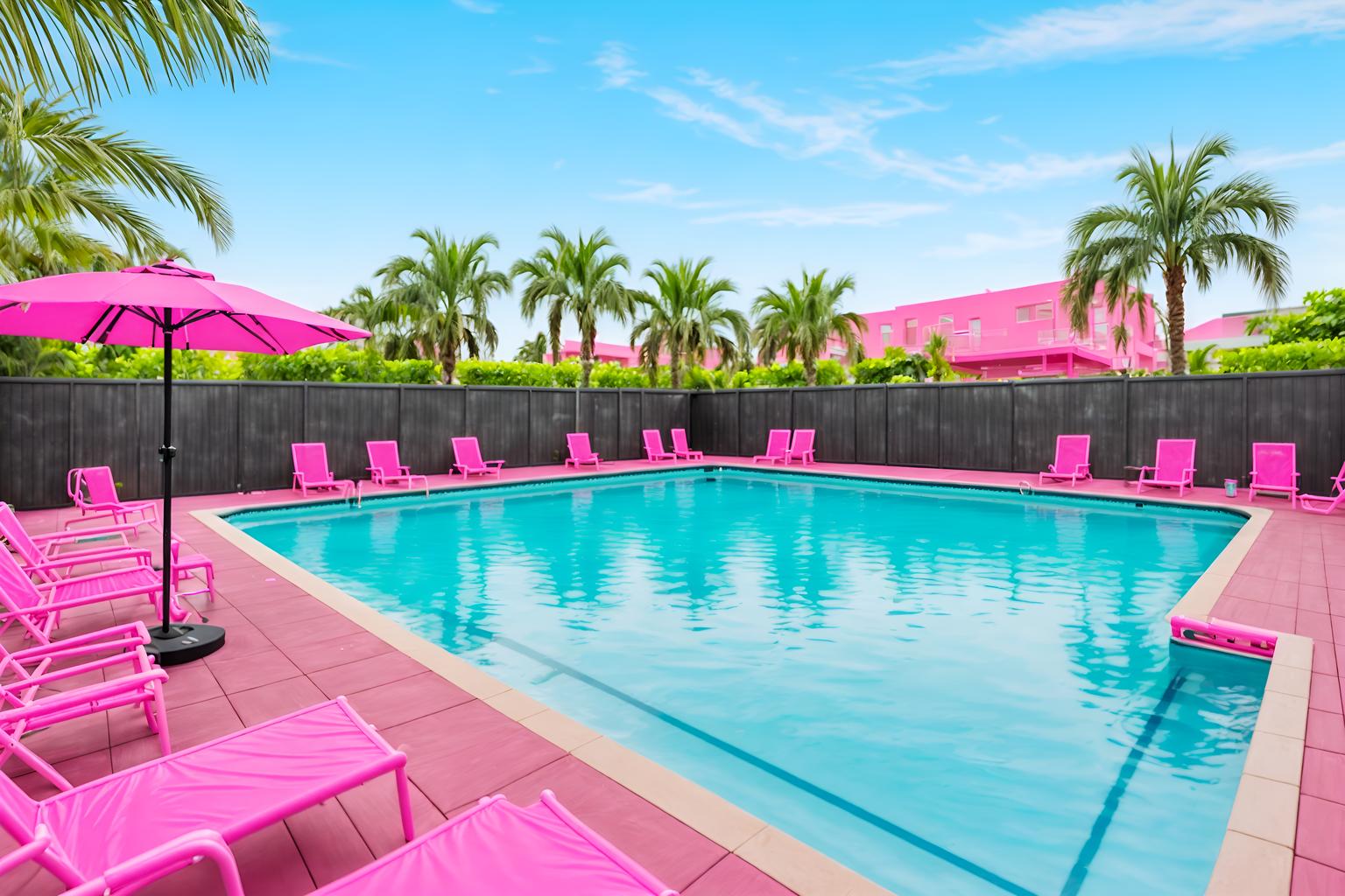 hot pink-style designed (outdoor pool area ) with pool lounge chairs and pool and pool lights and pool lounge chairs. . with barbie chairs and barbie style and barbie closet and hot pink barbie walls and barbie bold rosy hues like fuchsia and magenta and hot pink barbie colors and barbie plastic and barbie glitter and sparkle. . cinematic photo, highly detailed, cinematic lighting, ultra-detailed, ultrarealistic, photorealism, 8k. hot pink design style. masterpiece, cinematic light, ultrarealistic+, photorealistic+, 8k, raw photo, realistic, sharp focus on eyes, (symmetrical eyes), (intact eyes), hyperrealistic, highest quality, best quality, , highly detailed, masterpiece, best quality, extremely detailed 8k wallpaper, masterpiece, best quality, ultra-detailed, best shadow, detailed background, detailed face, detailed eyes, high contrast, best illumination, detailed face, dulux, caustic, dynamic angle, detailed glow. dramatic lighting. highly detailed, insanely detailed hair, symmetrical, intricate details, professionally retouched, 8k high definition. strong bokeh. award winning photo.