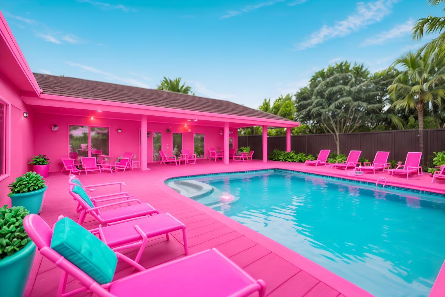 hot pink-style designed (outdoor pool area ) with pool lounge chairs and pool and pool lights and pool lounge chairs. . with barbie chairs and barbie style and barbie closet and hot pink barbie walls and barbie bold rosy hues like fuchsia and magenta and hot pink barbie colors and barbie plastic and barbie glitter and sparkle. . cinematic photo, highly detailed, cinematic lighting, ultra-detailed, ultrarealistic, photorealism, 8k. hot pink design style. masterpiece, cinematic light, ultrarealistic+, photorealistic+, 8k, raw photo, realistic, sharp focus on eyes, (symmetrical eyes), (intact eyes), hyperrealistic, highest quality, best quality, , highly detailed, masterpiece, best quality, extremely detailed 8k wallpaper, masterpiece, best quality, ultra-detailed, best shadow, detailed background, detailed face, detailed eyes, high contrast, best illumination, detailed face, dulux, caustic, dynamic angle, detailed glow. dramatic lighting. highly detailed, insanely detailed hair, symmetrical, intricate details, professionally retouched, 8k high definition. strong bokeh. award winning photo.