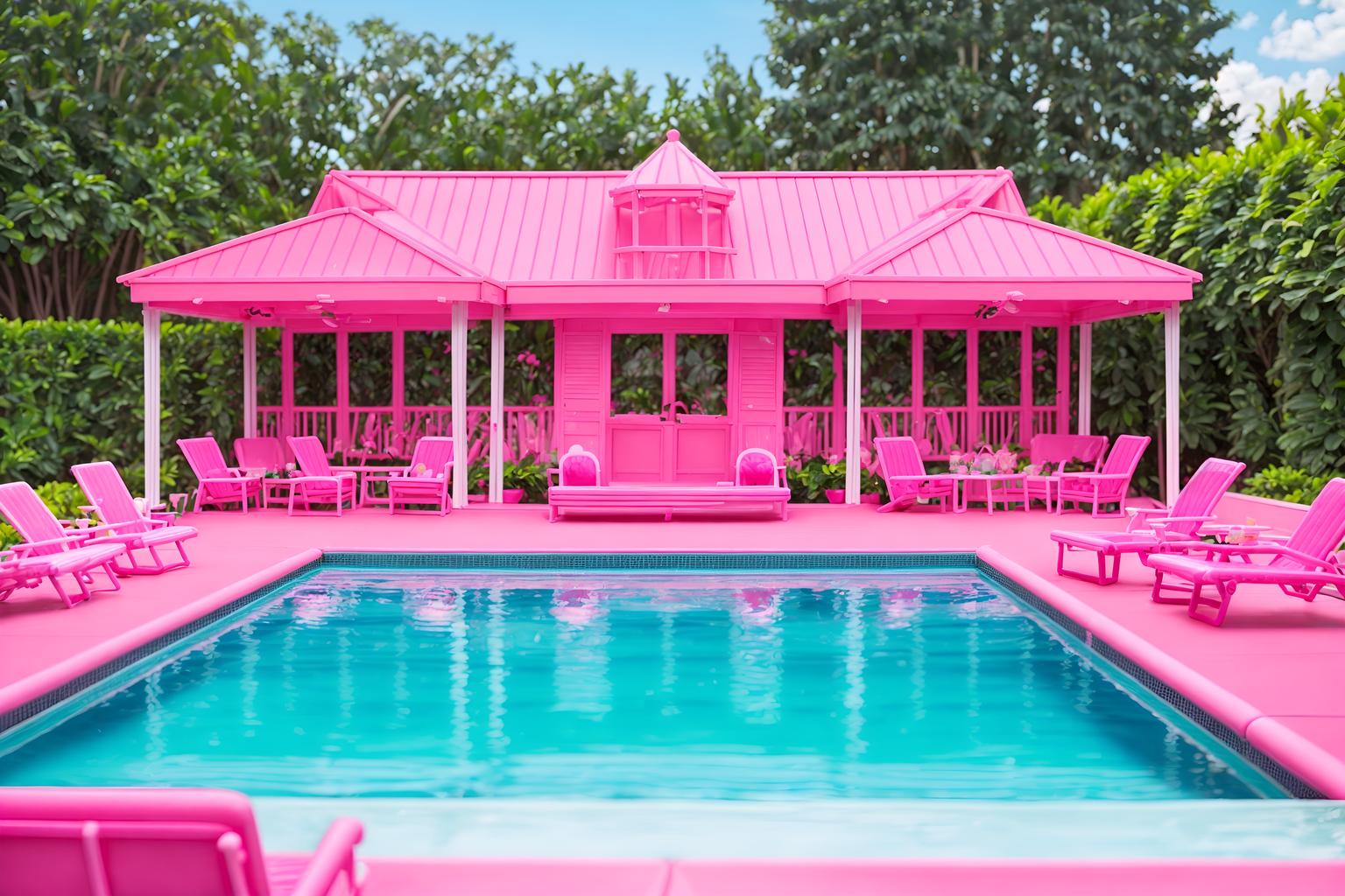 hot pink-style designed (outdoor pool area ) with pool lounge chairs and pool and pool lights and pool lounge chairs. . with barbie chairs and barbie style and barbie closet and hot pink barbie walls and barbie bold rosy hues like fuchsia and magenta and hot pink barbie colors and barbie plastic and barbie glitter and sparkle. . cinematic photo, highly detailed, cinematic lighting, ultra-detailed, ultrarealistic, photorealism, 8k. hot pink design style. masterpiece, cinematic light, ultrarealistic+, photorealistic+, 8k, raw photo, realistic, sharp focus on eyes, (symmetrical eyes), (intact eyes), hyperrealistic, highest quality, best quality, , highly detailed, masterpiece, best quality, extremely detailed 8k wallpaper, masterpiece, best quality, ultra-detailed, best shadow, detailed background, detailed face, detailed eyes, high contrast, best illumination, detailed face, dulux, caustic, dynamic angle, detailed glow. dramatic lighting. highly detailed, insanely detailed hair, symmetrical, intricate details, professionally retouched, 8k high definition. strong bokeh. award winning photo.