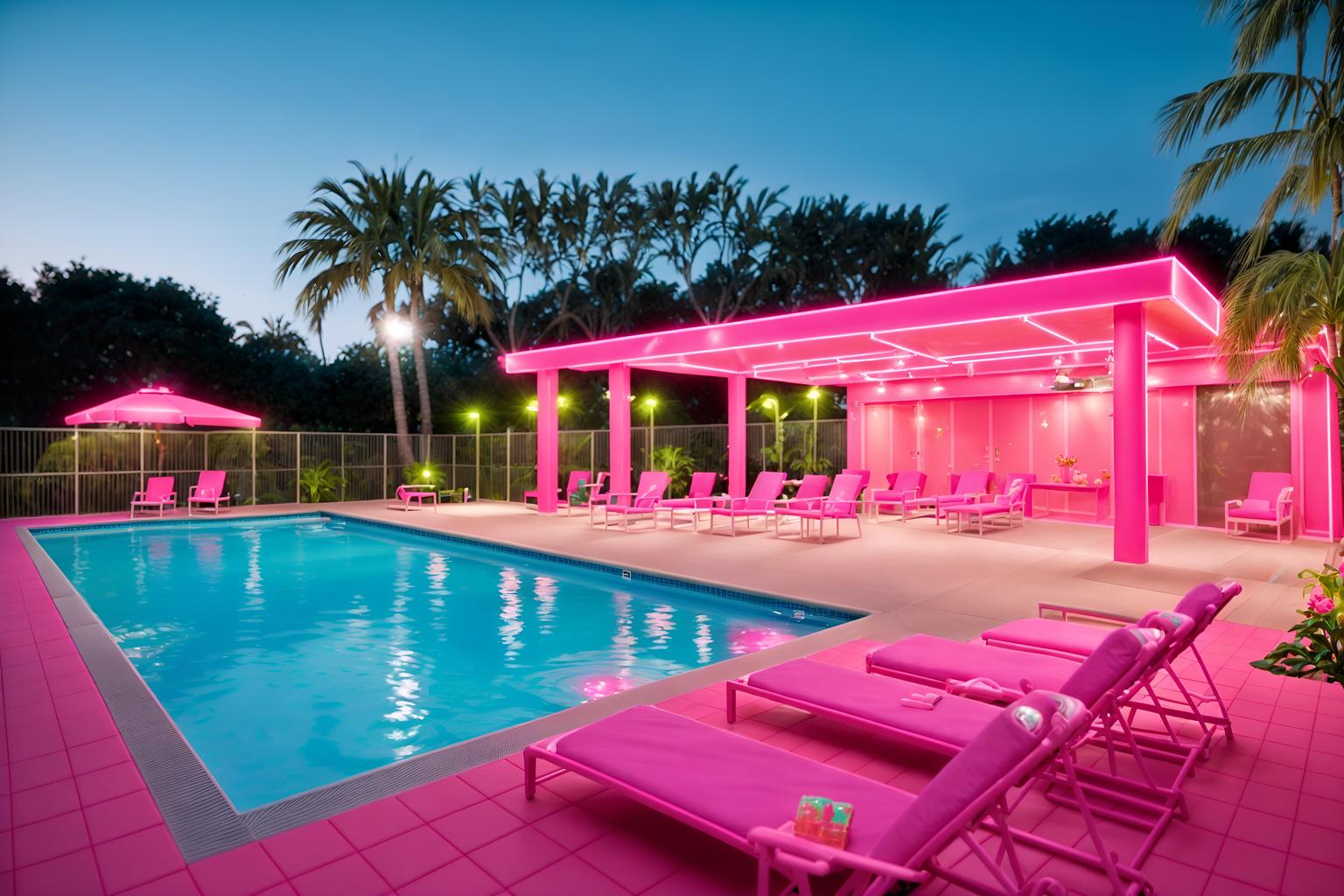 hot pink-style designed (outdoor pool area ) with pool lounge chairs and pool and pool lights and pool lounge chairs. . with barbie chairs and barbie style and barbie closet and hot pink barbie walls and barbie bold rosy hues like fuchsia and magenta and hot pink barbie colors and barbie plastic and barbie glitter and sparkle. . cinematic photo, highly detailed, cinematic lighting, ultra-detailed, ultrarealistic, photorealism, 8k. hot pink design style. masterpiece, cinematic light, ultrarealistic+, photorealistic+, 8k, raw photo, realistic, sharp focus on eyes, (symmetrical eyes), (intact eyes), hyperrealistic, highest quality, best quality, , highly detailed, masterpiece, best quality, extremely detailed 8k wallpaper, masterpiece, best quality, ultra-detailed, best shadow, detailed background, detailed face, detailed eyes, high contrast, best illumination, detailed face, dulux, caustic, dynamic angle, detailed glow. dramatic lighting. highly detailed, insanely detailed hair, symmetrical, intricate details, professionally retouched, 8k high definition. strong bokeh. award winning photo.