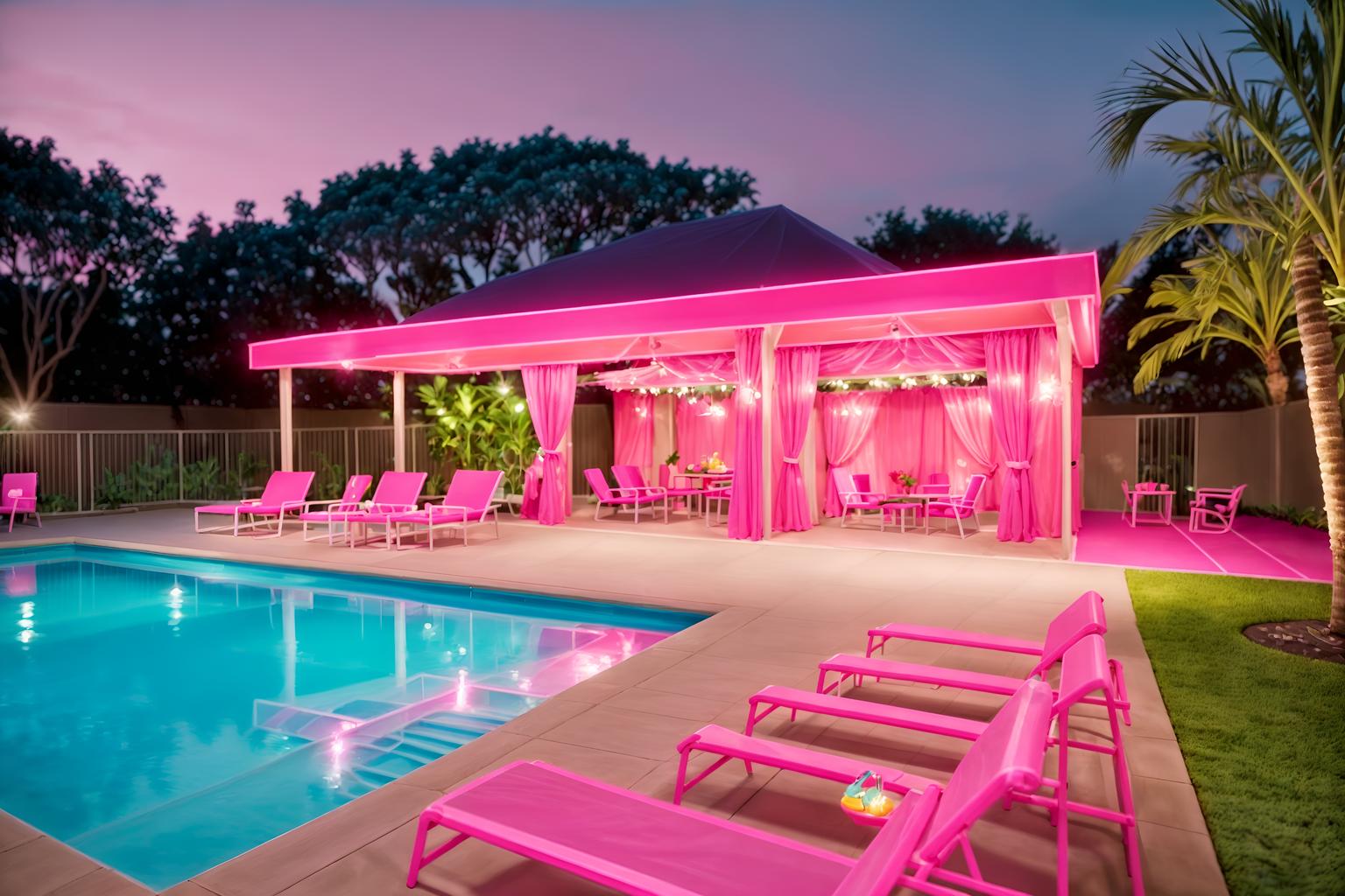 hot pink-style designed (outdoor pool area ) with pool lounge chairs and pool and pool lights and pool lounge chairs. . with barbie chairs and barbie style and barbie closet and hot pink barbie walls and barbie bold rosy hues like fuchsia and magenta and hot pink barbie colors and barbie plastic and barbie glitter and sparkle. . cinematic photo, highly detailed, cinematic lighting, ultra-detailed, ultrarealistic, photorealism, 8k. hot pink design style. masterpiece, cinematic light, ultrarealistic+, photorealistic+, 8k, raw photo, realistic, sharp focus on eyes, (symmetrical eyes), (intact eyes), hyperrealistic, highest quality, best quality, , highly detailed, masterpiece, best quality, extremely detailed 8k wallpaper, masterpiece, best quality, ultra-detailed, best shadow, detailed background, detailed face, detailed eyes, high contrast, best illumination, detailed face, dulux, caustic, dynamic angle, detailed glow. dramatic lighting. highly detailed, insanely detailed hair, symmetrical, intricate details, professionally retouched, 8k high definition. strong bokeh. award winning photo.