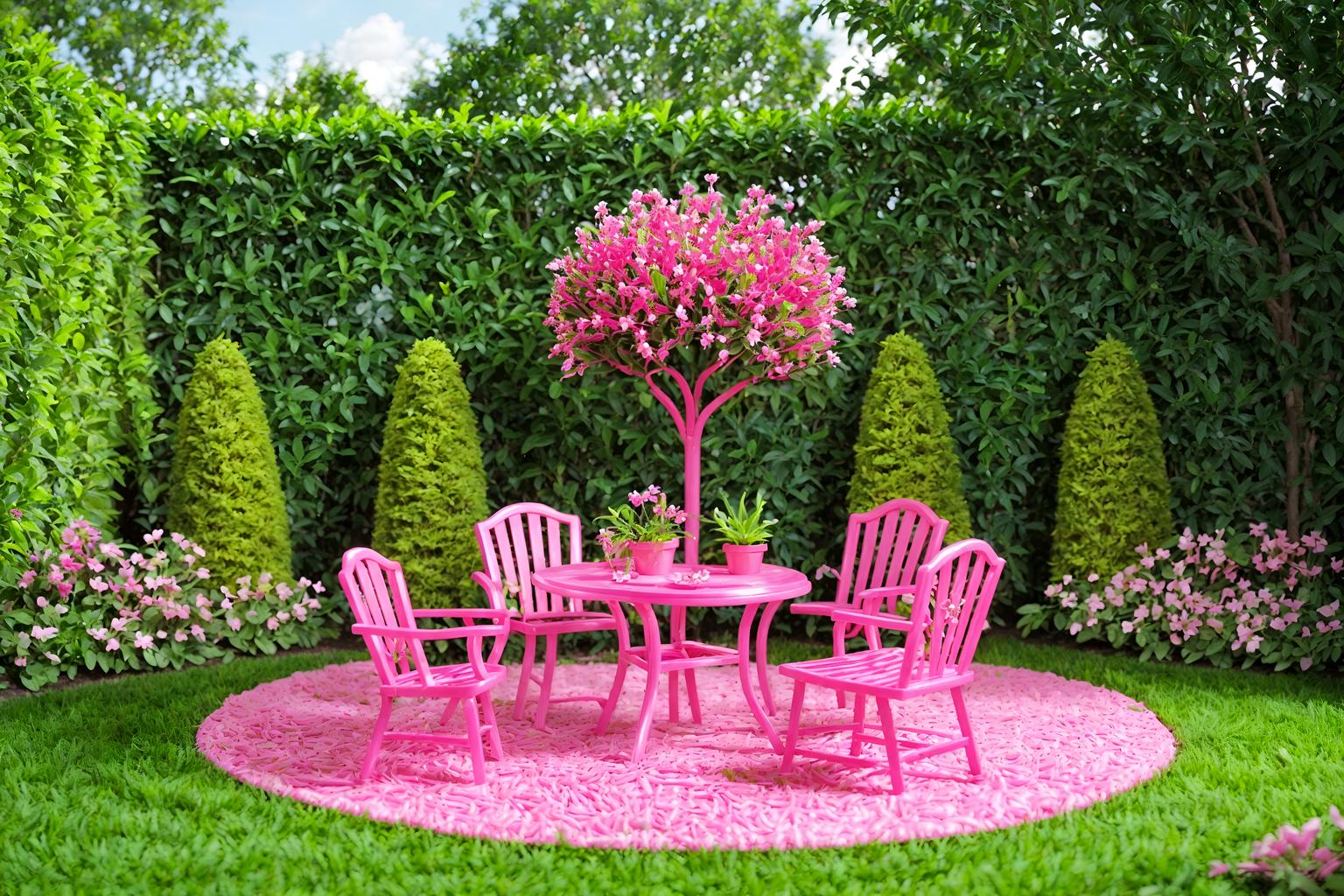 hot pink-style designed (outdoor garden ) with grass and garden tree and garden plants and grass. . with barbie plastic and hot pink barbie walls and barbie bold rosy hues like fuchsia and magenta and barbie sofa and barbie closet and barbie glitter and sparkle and barbie style and barbie chairs. . cinematic photo, highly detailed, cinematic lighting, ultra-detailed, ultrarealistic, photorealism, 8k. hot pink design style. masterpiece, cinematic light, ultrarealistic+, photorealistic+, 8k, raw photo, realistic, sharp focus on eyes, (symmetrical eyes), (intact eyes), hyperrealistic, highest quality, best quality, , highly detailed, masterpiece, best quality, extremely detailed 8k wallpaper, masterpiece, best quality, ultra-detailed, best shadow, detailed background, detailed face, detailed eyes, high contrast, best illumination, detailed face, dulux, caustic, dynamic angle, detailed glow. dramatic lighting. highly detailed, insanely detailed hair, symmetrical, intricate details, professionally retouched, 8k high definition. strong bokeh. award winning photo.