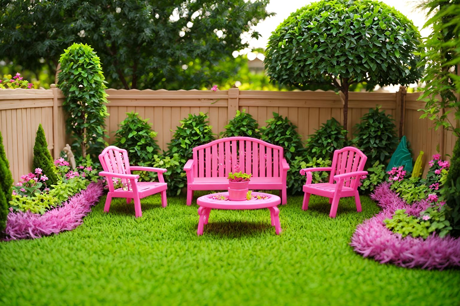 hot pink-style designed (outdoor garden ) with grass and garden tree and garden plants and grass. . with barbie plastic and hot pink barbie walls and barbie bold rosy hues like fuchsia and magenta and barbie sofa and barbie closet and barbie glitter and sparkle and barbie style and barbie chairs. . cinematic photo, highly detailed, cinematic lighting, ultra-detailed, ultrarealistic, photorealism, 8k. hot pink design style. masterpiece, cinematic light, ultrarealistic+, photorealistic+, 8k, raw photo, realistic, sharp focus on eyes, (symmetrical eyes), (intact eyes), hyperrealistic, highest quality, best quality, , highly detailed, masterpiece, best quality, extremely detailed 8k wallpaper, masterpiece, best quality, ultra-detailed, best shadow, detailed background, detailed face, detailed eyes, high contrast, best illumination, detailed face, dulux, caustic, dynamic angle, detailed glow. dramatic lighting. highly detailed, insanely detailed hair, symmetrical, intricate details, professionally retouched, 8k high definition. strong bokeh. award winning photo.