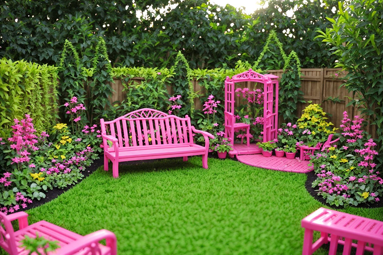 hot pink-style designed (outdoor garden ) with grass and garden tree and garden plants and grass. . with barbie plastic and hot pink barbie walls and barbie bold rosy hues like fuchsia and magenta and barbie sofa and barbie closet and barbie glitter and sparkle and barbie style and barbie chairs. . cinematic photo, highly detailed, cinematic lighting, ultra-detailed, ultrarealistic, photorealism, 8k. hot pink design style. masterpiece, cinematic light, ultrarealistic+, photorealistic+, 8k, raw photo, realistic, sharp focus on eyes, (symmetrical eyes), (intact eyes), hyperrealistic, highest quality, best quality, , highly detailed, masterpiece, best quality, extremely detailed 8k wallpaper, masterpiece, best quality, ultra-detailed, best shadow, detailed background, detailed face, detailed eyes, high contrast, best illumination, detailed face, dulux, caustic, dynamic angle, detailed glow. dramatic lighting. highly detailed, insanely detailed hair, symmetrical, intricate details, professionally retouched, 8k high definition. strong bokeh. award winning photo.