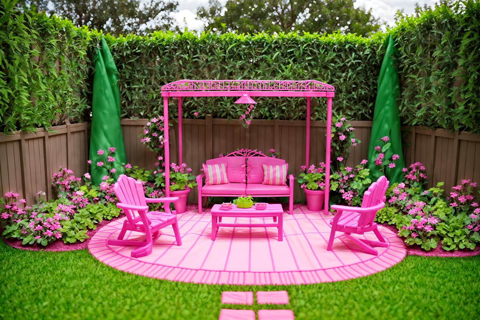 hot pink-style designed (outdoor garden ) with grass and garden tree and garden plants and grass. . with barbie plastic and hot pink barbie walls and barbie bold rosy hues like fuchsia and magenta and barbie sofa and barbie closet and barbie glitter and sparkle and barbie style and barbie chairs. . cinematic photo, highly detailed, cinematic lighting, ultra-detailed, ultrarealistic, photorealism, 8k. hot pink design style. masterpiece, cinematic light, ultrarealistic+, photorealistic+, 8k, raw photo, realistic, sharp focus on eyes, (symmetrical eyes), (intact eyes), hyperrealistic, highest quality, best quality, , highly detailed, masterpiece, best quality, extremely detailed 8k wallpaper, masterpiece, best quality, ultra-detailed, best shadow, detailed background, detailed face, detailed eyes, high contrast, best illumination, detailed face, dulux, caustic, dynamic angle, detailed glow. dramatic lighting. highly detailed, insanely detailed hair, symmetrical, intricate details, professionally retouched, 8k high definition. strong bokeh. award winning photo.