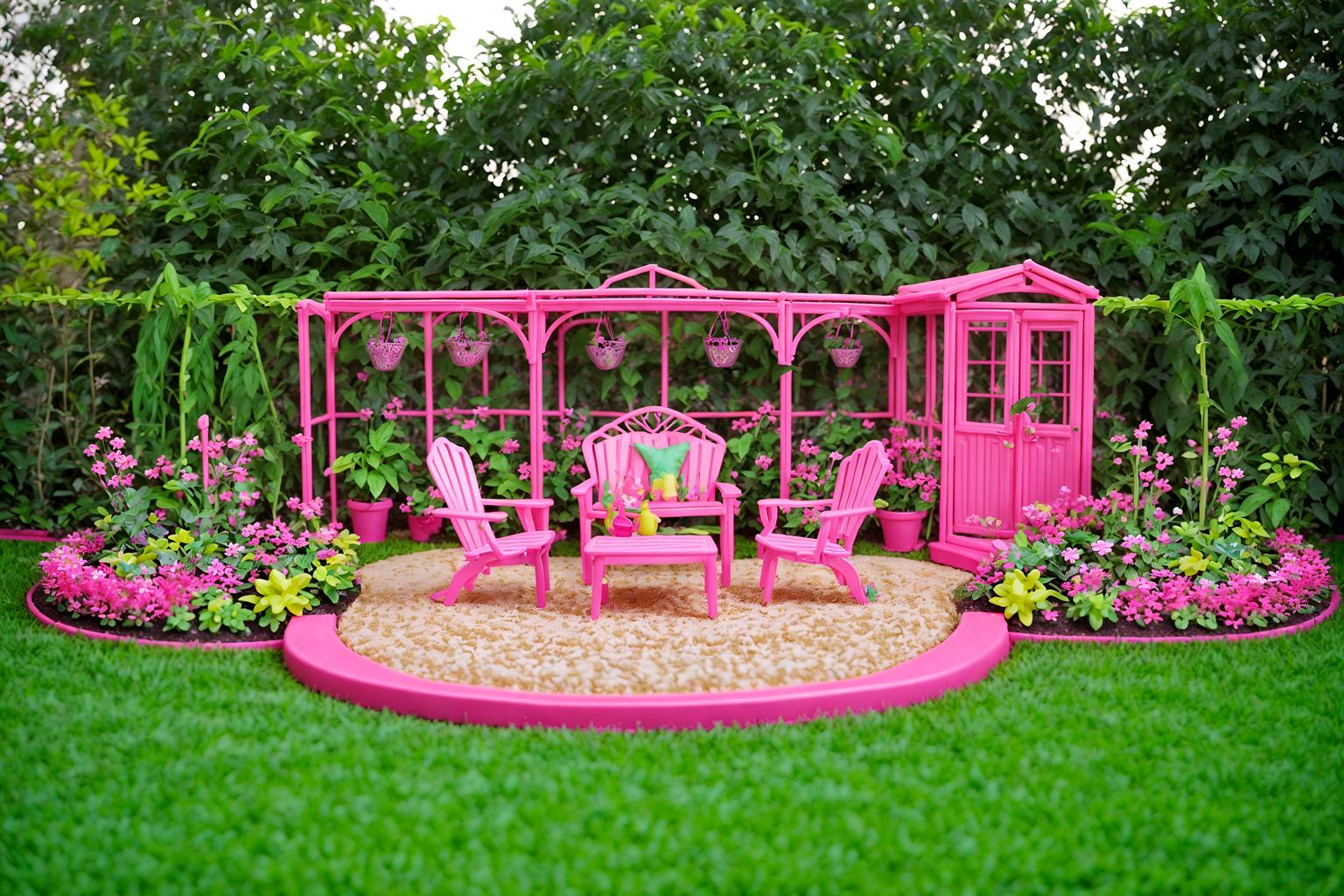 hot pink-style designed (outdoor garden ) with grass and garden tree and garden plants and grass. . with barbie plastic and hot pink barbie walls and barbie bold rosy hues like fuchsia and magenta and barbie sofa and barbie closet and barbie glitter and sparkle and barbie style and barbie chairs. . cinematic photo, highly detailed, cinematic lighting, ultra-detailed, ultrarealistic, photorealism, 8k. hot pink design style. masterpiece, cinematic light, ultrarealistic+, photorealistic+, 8k, raw photo, realistic, sharp focus on eyes, (symmetrical eyes), (intact eyes), hyperrealistic, highest quality, best quality, , highly detailed, masterpiece, best quality, extremely detailed 8k wallpaper, masterpiece, best quality, ultra-detailed, best shadow, detailed background, detailed face, detailed eyes, high contrast, best illumination, detailed face, dulux, caustic, dynamic angle, detailed glow. dramatic lighting. highly detailed, insanely detailed hair, symmetrical, intricate details, professionally retouched, 8k high definition. strong bokeh. award winning photo.