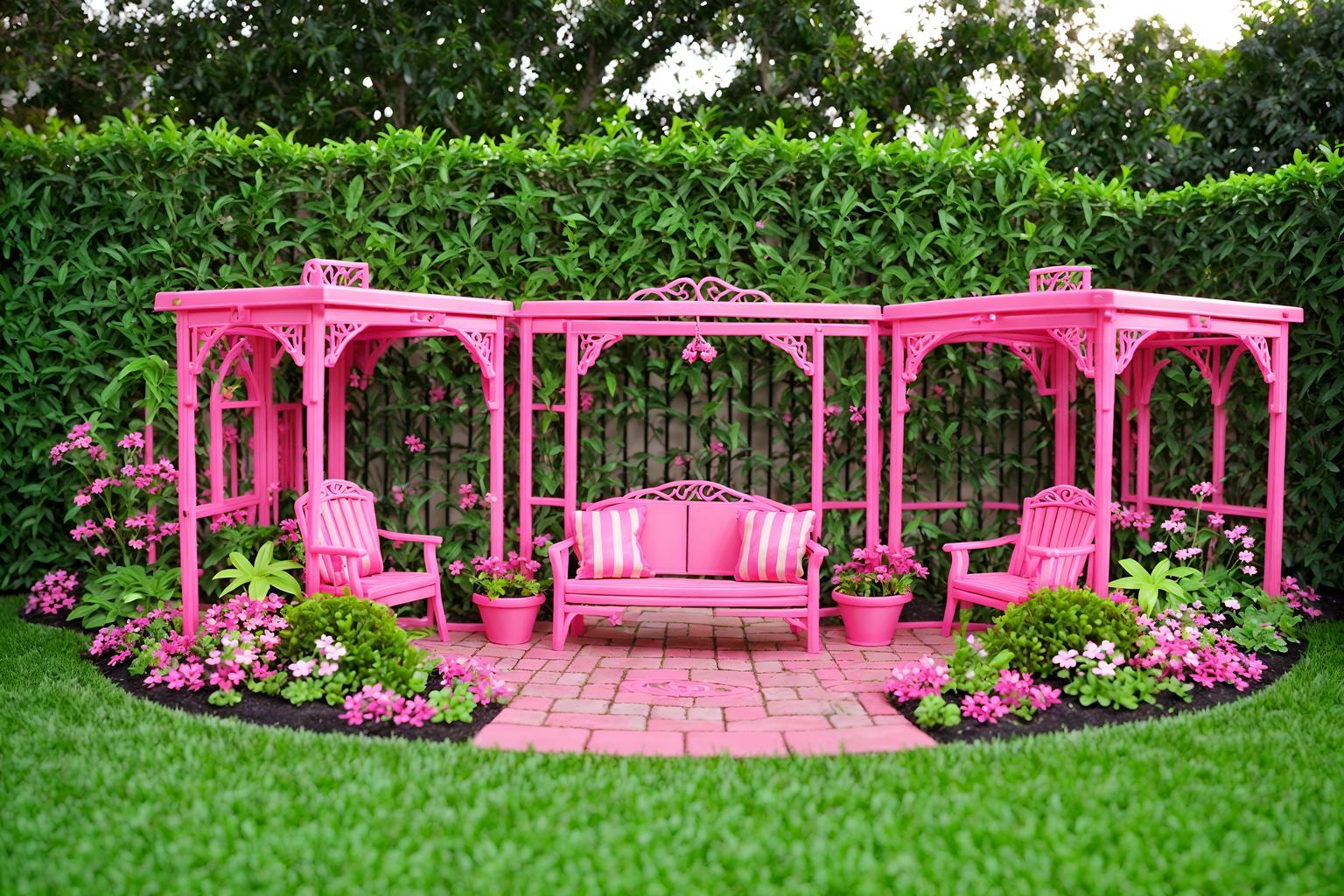 hot pink-style designed (outdoor garden ) with grass and garden tree and garden plants and grass. . with barbie plastic and hot pink barbie walls and barbie bold rosy hues like fuchsia and magenta and barbie sofa and barbie closet and barbie glitter and sparkle and barbie style and barbie chairs. . cinematic photo, highly detailed, cinematic lighting, ultra-detailed, ultrarealistic, photorealism, 8k. hot pink design style. masterpiece, cinematic light, ultrarealistic+, photorealistic+, 8k, raw photo, realistic, sharp focus on eyes, (symmetrical eyes), (intact eyes), hyperrealistic, highest quality, best quality, , highly detailed, masterpiece, best quality, extremely detailed 8k wallpaper, masterpiece, best quality, ultra-detailed, best shadow, detailed background, detailed face, detailed eyes, high contrast, best illumination, detailed face, dulux, caustic, dynamic angle, detailed glow. dramatic lighting. highly detailed, insanely detailed hair, symmetrical, intricate details, professionally retouched, 8k high definition. strong bokeh. award winning photo.