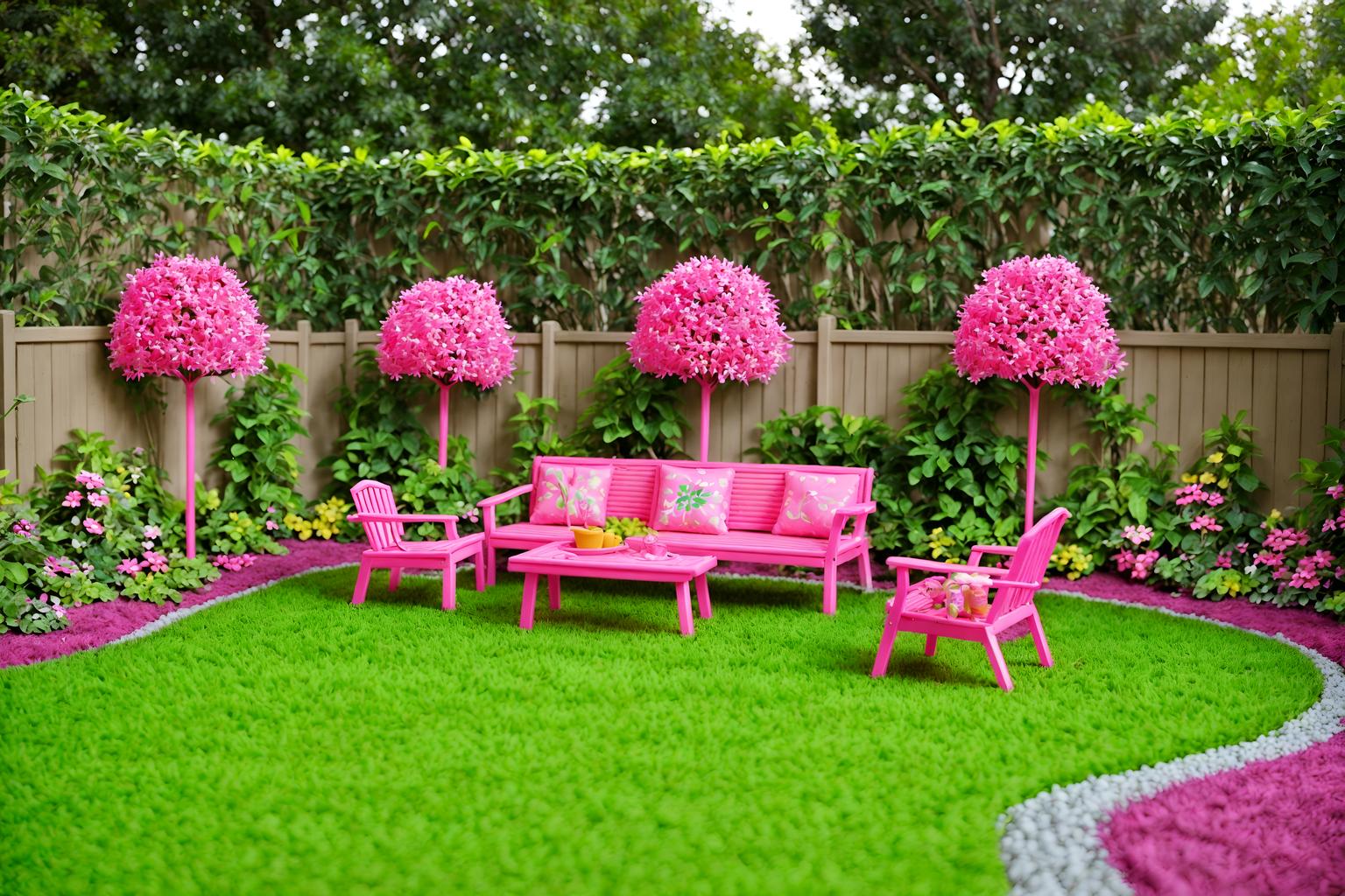 hot pink-style designed (outdoor garden ) with grass and garden tree and garden plants and grass. . with barbie plastic and hot pink barbie walls and barbie bold rosy hues like fuchsia and magenta and barbie sofa and barbie closet and barbie glitter and sparkle and barbie style and barbie chairs. . cinematic photo, highly detailed, cinematic lighting, ultra-detailed, ultrarealistic, photorealism, 8k. hot pink design style. masterpiece, cinematic light, ultrarealistic+, photorealistic+, 8k, raw photo, realistic, sharp focus on eyes, (symmetrical eyes), (intact eyes), hyperrealistic, highest quality, best quality, , highly detailed, masterpiece, best quality, extremely detailed 8k wallpaper, masterpiece, best quality, ultra-detailed, best shadow, detailed background, detailed face, detailed eyes, high contrast, best illumination, detailed face, dulux, caustic, dynamic angle, detailed glow. dramatic lighting. highly detailed, insanely detailed hair, symmetrical, intricate details, professionally retouched, 8k high definition. strong bokeh. award winning photo.