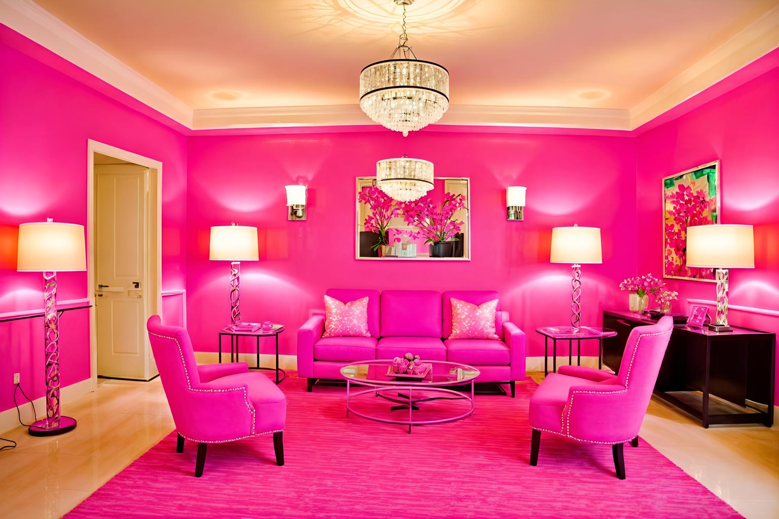 hot pink-style (hotel lobby interior) with hanging lamps and furniture and coffee tables and lounge chairs and rug and check in desk and sofas and plant. . with barbie chairs and barbie bold rosy hues like fuchsia and magenta and barbie glitter and sparkle and hot pink barbie walls and barbie plastic interior and barbie sofa and hot pink barbie colors and barbie style interior. . cinematic photo, highly detailed, cinematic lighting, ultra-detailed, ultrarealistic, photorealism, 8k. hot pink interior design style. masterpiece, cinematic light, ultrarealistic+, photorealistic+, 8k, raw photo, realistic, sharp focus on eyes, (symmetrical eyes), (intact eyes), hyperrealistic, highest quality, best quality, , highly detailed, masterpiece, best quality, extremely detailed 8k wallpaper, masterpiece, best quality, ultra-detailed, best shadow, detailed background, detailed face, detailed eyes, high contrast, best illumination, detailed face, dulux, caustic, dynamic angle, detailed glow. dramatic lighting. highly detailed, insanely detailed hair, symmetrical, intricate details, professionally retouched, 8k high definition. strong bokeh. award winning photo.