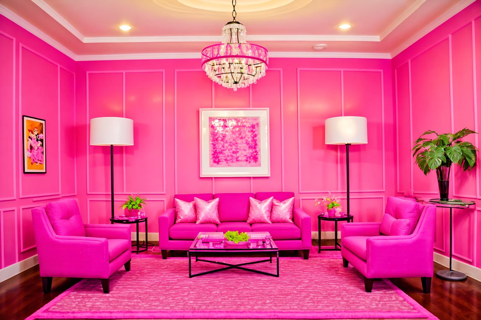 hot pink-style (hotel lobby interior) with hanging lamps and furniture and coffee tables and lounge chairs and rug and check in desk and sofas and plant. . with barbie chairs and barbie bold rosy hues like fuchsia and magenta and barbie glitter and sparkle and hot pink barbie walls and barbie plastic interior and barbie sofa and hot pink barbie colors and barbie style interior. . cinematic photo, highly detailed, cinematic lighting, ultra-detailed, ultrarealistic, photorealism, 8k. hot pink interior design style. masterpiece, cinematic light, ultrarealistic+, photorealistic+, 8k, raw photo, realistic, sharp focus on eyes, (symmetrical eyes), (intact eyes), hyperrealistic, highest quality, best quality, , highly detailed, masterpiece, best quality, extremely detailed 8k wallpaper, masterpiece, best quality, ultra-detailed, best shadow, detailed background, detailed face, detailed eyes, high contrast, best illumination, detailed face, dulux, caustic, dynamic angle, detailed glow. dramatic lighting. highly detailed, insanely detailed hair, symmetrical, intricate details, professionally retouched, 8k high definition. strong bokeh. award winning photo.