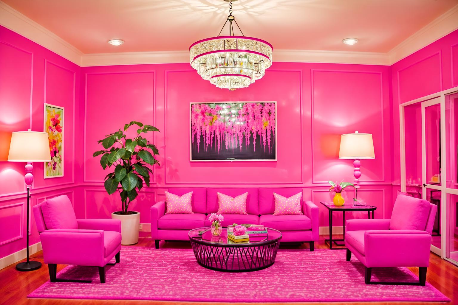 hot pink-style (hotel lobby interior) with hanging lamps and furniture and coffee tables and lounge chairs and rug and check in desk and sofas and plant. . with barbie chairs and barbie bold rosy hues like fuchsia and magenta and barbie glitter and sparkle and hot pink barbie walls and barbie plastic interior and barbie sofa and hot pink barbie colors and barbie style interior. . cinematic photo, highly detailed, cinematic lighting, ultra-detailed, ultrarealistic, photorealism, 8k. hot pink interior design style. masterpiece, cinematic light, ultrarealistic+, photorealistic+, 8k, raw photo, realistic, sharp focus on eyes, (symmetrical eyes), (intact eyes), hyperrealistic, highest quality, best quality, , highly detailed, masterpiece, best quality, extremely detailed 8k wallpaper, masterpiece, best quality, ultra-detailed, best shadow, detailed background, detailed face, detailed eyes, high contrast, best illumination, detailed face, dulux, caustic, dynamic angle, detailed glow. dramatic lighting. highly detailed, insanely detailed hair, symmetrical, intricate details, professionally retouched, 8k high definition. strong bokeh. award winning photo.