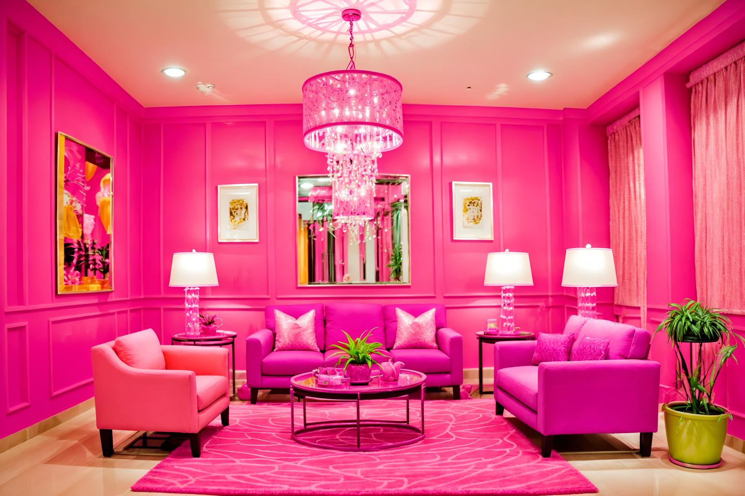 hot pink-style (hotel lobby interior) with hanging lamps and furniture and coffee tables and lounge chairs and rug and check in desk and sofas and plant. . with barbie chairs and barbie bold rosy hues like fuchsia and magenta and barbie glitter and sparkle and hot pink barbie walls and barbie plastic interior and barbie sofa and hot pink barbie colors and barbie style interior. . cinematic photo, highly detailed, cinematic lighting, ultra-detailed, ultrarealistic, photorealism, 8k. hot pink interior design style. masterpiece, cinematic light, ultrarealistic+, photorealistic+, 8k, raw photo, realistic, sharp focus on eyes, (symmetrical eyes), (intact eyes), hyperrealistic, highest quality, best quality, , highly detailed, masterpiece, best quality, extremely detailed 8k wallpaper, masterpiece, best quality, ultra-detailed, best shadow, detailed background, detailed face, detailed eyes, high contrast, best illumination, detailed face, dulux, caustic, dynamic angle, detailed glow. dramatic lighting. highly detailed, insanely detailed hair, symmetrical, intricate details, professionally retouched, 8k high definition. strong bokeh. award winning photo.