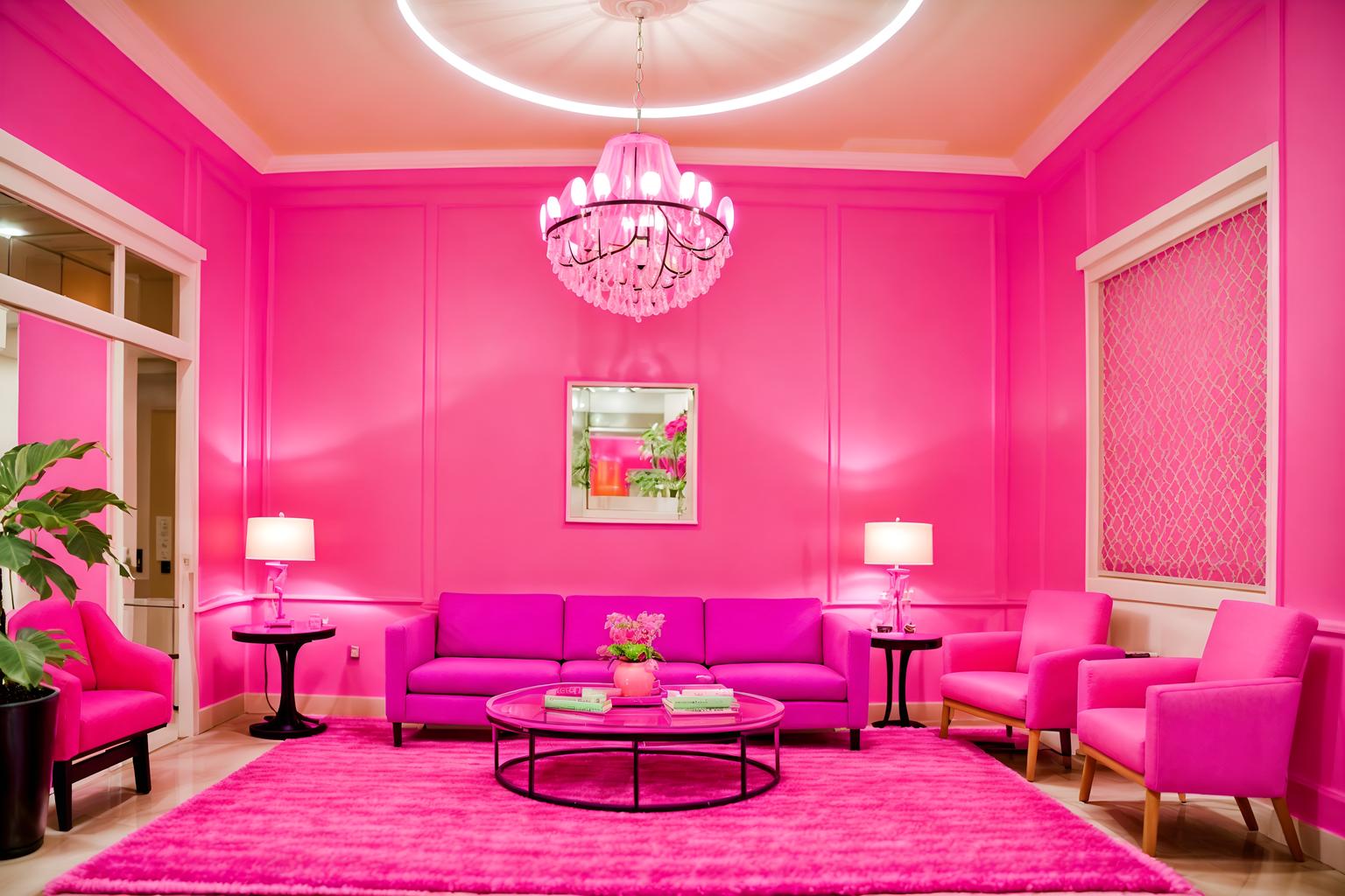 hot pink-style (hotel lobby interior) with hanging lamps and furniture and coffee tables and lounge chairs and rug and check in desk and sofas and plant. . with barbie chairs and barbie bold rosy hues like fuchsia and magenta and barbie glitter and sparkle and hot pink barbie walls and barbie plastic interior and barbie sofa and hot pink barbie colors and barbie style interior. . cinematic photo, highly detailed, cinematic lighting, ultra-detailed, ultrarealistic, photorealism, 8k. hot pink interior design style. masterpiece, cinematic light, ultrarealistic+, photorealistic+, 8k, raw photo, realistic, sharp focus on eyes, (symmetrical eyes), (intact eyes), hyperrealistic, highest quality, best quality, , highly detailed, masterpiece, best quality, extremely detailed 8k wallpaper, masterpiece, best quality, ultra-detailed, best shadow, detailed background, detailed face, detailed eyes, high contrast, best illumination, detailed face, dulux, caustic, dynamic angle, detailed glow. dramatic lighting. highly detailed, insanely detailed hair, symmetrical, intricate details, professionally retouched, 8k high definition. strong bokeh. award winning photo.