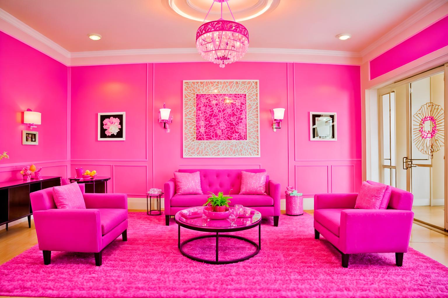 hot pink-style (hotel lobby interior) with hanging lamps and furniture and coffee tables and lounge chairs and rug and check in desk and sofas and plant. . with barbie chairs and barbie bold rosy hues like fuchsia and magenta and barbie glitter and sparkle and hot pink barbie walls and barbie plastic interior and barbie sofa and hot pink barbie colors and barbie style interior. . cinematic photo, highly detailed, cinematic lighting, ultra-detailed, ultrarealistic, photorealism, 8k. hot pink interior design style. masterpiece, cinematic light, ultrarealistic+, photorealistic+, 8k, raw photo, realistic, sharp focus on eyes, (symmetrical eyes), (intact eyes), hyperrealistic, highest quality, best quality, , highly detailed, masterpiece, best quality, extremely detailed 8k wallpaper, masterpiece, best quality, ultra-detailed, best shadow, detailed background, detailed face, detailed eyes, high contrast, best illumination, detailed face, dulux, caustic, dynamic angle, detailed glow. dramatic lighting. highly detailed, insanely detailed hair, symmetrical, intricate details, professionally retouched, 8k high definition. strong bokeh. award winning photo.