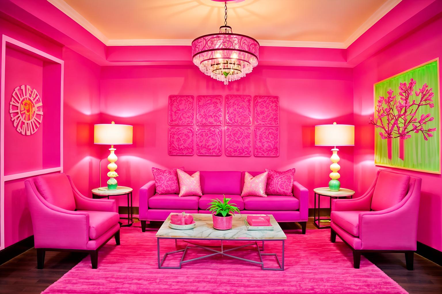 hot pink-style (hotel lobby interior) with hanging lamps and furniture and coffee tables and lounge chairs and rug and check in desk and sofas and plant. . with barbie chairs and barbie bold rosy hues like fuchsia and magenta and barbie glitter and sparkle and hot pink barbie walls and barbie plastic interior and barbie sofa and hot pink barbie colors and barbie style interior. . cinematic photo, highly detailed, cinematic lighting, ultra-detailed, ultrarealistic, photorealism, 8k. hot pink interior design style. masterpiece, cinematic light, ultrarealistic+, photorealistic+, 8k, raw photo, realistic, sharp focus on eyes, (symmetrical eyes), (intact eyes), hyperrealistic, highest quality, best quality, , highly detailed, masterpiece, best quality, extremely detailed 8k wallpaper, masterpiece, best quality, ultra-detailed, best shadow, detailed background, detailed face, detailed eyes, high contrast, best illumination, detailed face, dulux, caustic, dynamic angle, detailed glow. dramatic lighting. highly detailed, insanely detailed hair, symmetrical, intricate details, professionally retouched, 8k high definition. strong bokeh. award winning photo.