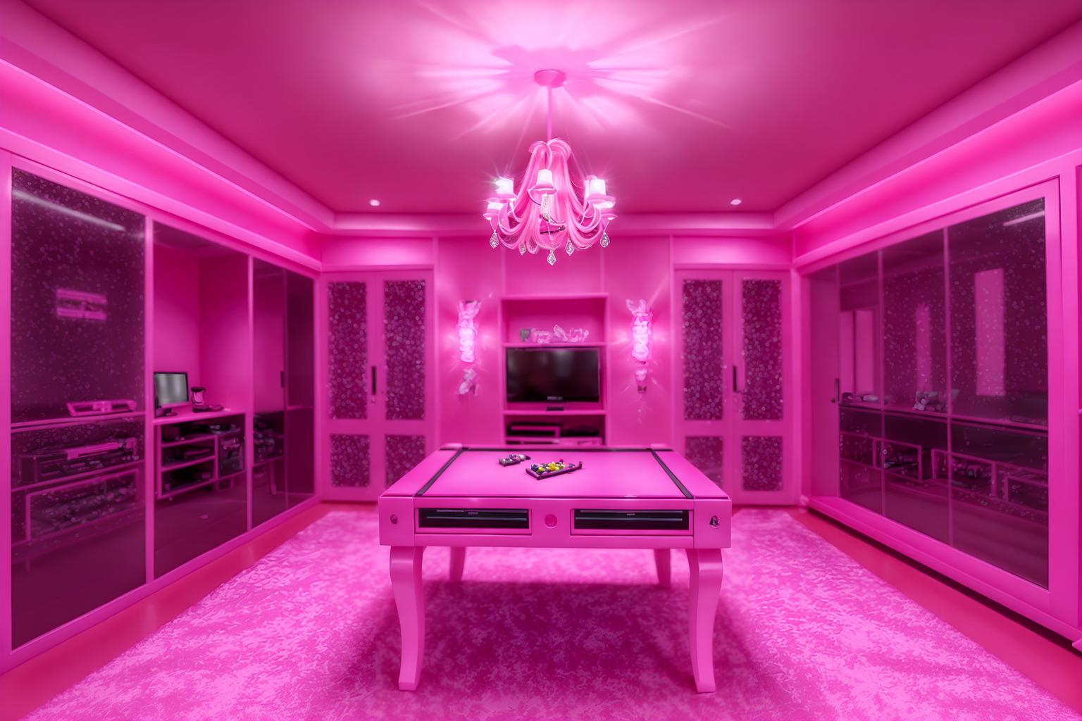 hot pink-style (gaming room interior) . with barbie glitter and sparkle and barbie bold rosy hues like fuchsia and magenta and hot pink barbie colors and barbie sofa and barbie style interior and barbie closet and barbie chairs and barbie plastic interior. . cinematic photo, highly detailed, cinematic lighting, ultra-detailed, ultrarealistic, photorealism, 8k. hot pink interior design style. masterpiece, cinematic light, ultrarealistic+, photorealistic+, 8k, raw photo, realistic, sharp focus on eyes, (symmetrical eyes), (intact eyes), hyperrealistic, highest quality, best quality, , highly detailed, masterpiece, best quality, extremely detailed 8k wallpaper, masterpiece, best quality, ultra-detailed, best shadow, detailed background, detailed face, detailed eyes, high contrast, best illumination, detailed face, dulux, caustic, dynamic angle, detailed glow. dramatic lighting. highly detailed, insanely detailed hair, symmetrical, intricate details, professionally retouched, 8k high definition. strong bokeh. award winning photo.