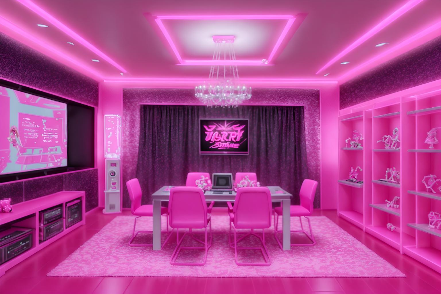 hot pink-style (gaming room interior) . with barbie glitter and sparkle and barbie bold rosy hues like fuchsia and magenta and hot pink barbie colors and barbie sofa and barbie style interior and barbie closet and barbie chairs and barbie plastic interior. . cinematic photo, highly detailed, cinematic lighting, ultra-detailed, ultrarealistic, photorealism, 8k. hot pink interior design style. masterpiece, cinematic light, ultrarealistic+, photorealistic+, 8k, raw photo, realistic, sharp focus on eyes, (symmetrical eyes), (intact eyes), hyperrealistic, highest quality, best quality, , highly detailed, masterpiece, best quality, extremely detailed 8k wallpaper, masterpiece, best quality, ultra-detailed, best shadow, detailed background, detailed face, detailed eyes, high contrast, best illumination, detailed face, dulux, caustic, dynamic angle, detailed glow. dramatic lighting. highly detailed, insanely detailed hair, symmetrical, intricate details, professionally retouched, 8k high definition. strong bokeh. award winning photo.