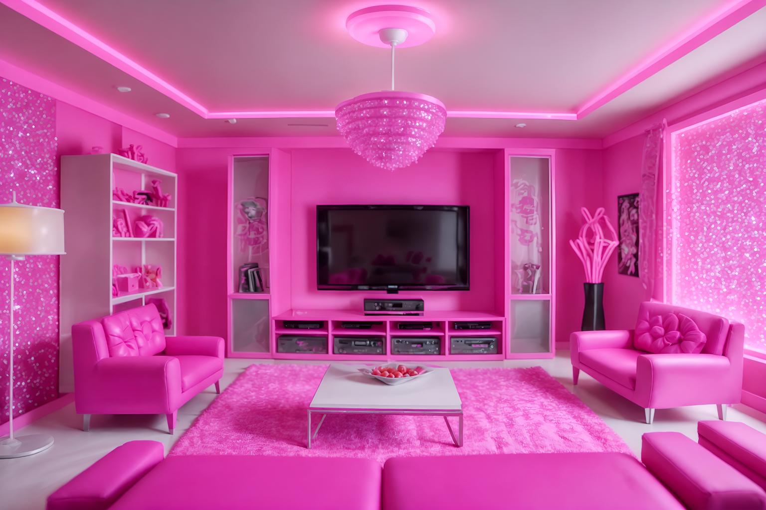 hot pink-style (gaming room interior) . with barbie glitter and sparkle and barbie bold rosy hues like fuchsia and magenta and hot pink barbie colors and barbie sofa and barbie style interior and barbie closet and barbie chairs and barbie plastic interior. . cinematic photo, highly detailed, cinematic lighting, ultra-detailed, ultrarealistic, photorealism, 8k. hot pink interior design style. masterpiece, cinematic light, ultrarealistic+, photorealistic+, 8k, raw photo, realistic, sharp focus on eyes, (symmetrical eyes), (intact eyes), hyperrealistic, highest quality, best quality, , highly detailed, masterpiece, best quality, extremely detailed 8k wallpaper, masterpiece, best quality, ultra-detailed, best shadow, detailed background, detailed face, detailed eyes, high contrast, best illumination, detailed face, dulux, caustic, dynamic angle, detailed glow. dramatic lighting. highly detailed, insanely detailed hair, symmetrical, intricate details, professionally retouched, 8k high definition. strong bokeh. award winning photo.