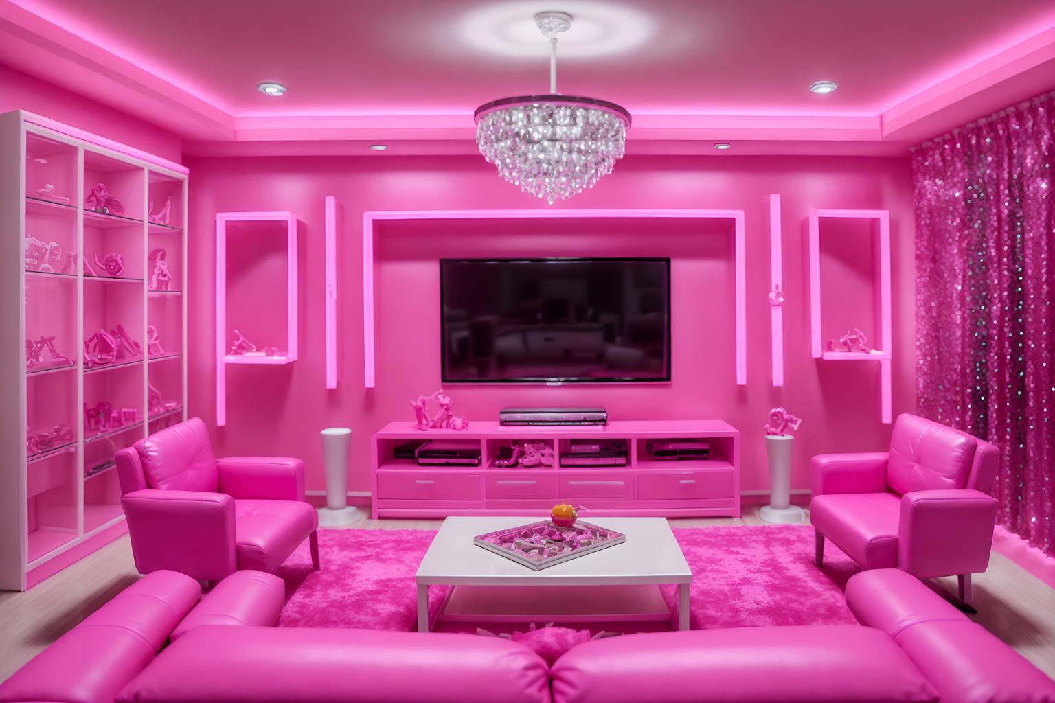 hot pink-style (gaming room interior) . with barbie glitter and sparkle and barbie bold rosy hues like fuchsia and magenta and hot pink barbie colors and barbie sofa and barbie style interior and barbie closet and barbie chairs and barbie plastic interior. . cinematic photo, highly detailed, cinematic lighting, ultra-detailed, ultrarealistic, photorealism, 8k. hot pink interior design style. masterpiece, cinematic light, ultrarealistic+, photorealistic+, 8k, raw photo, realistic, sharp focus on eyes, (symmetrical eyes), (intact eyes), hyperrealistic, highest quality, best quality, , highly detailed, masterpiece, best quality, extremely detailed 8k wallpaper, masterpiece, best quality, ultra-detailed, best shadow, detailed background, detailed face, detailed eyes, high contrast, best illumination, detailed face, dulux, caustic, dynamic angle, detailed glow. dramatic lighting. highly detailed, insanely detailed hair, symmetrical, intricate details, professionally retouched, 8k high definition. strong bokeh. award winning photo.