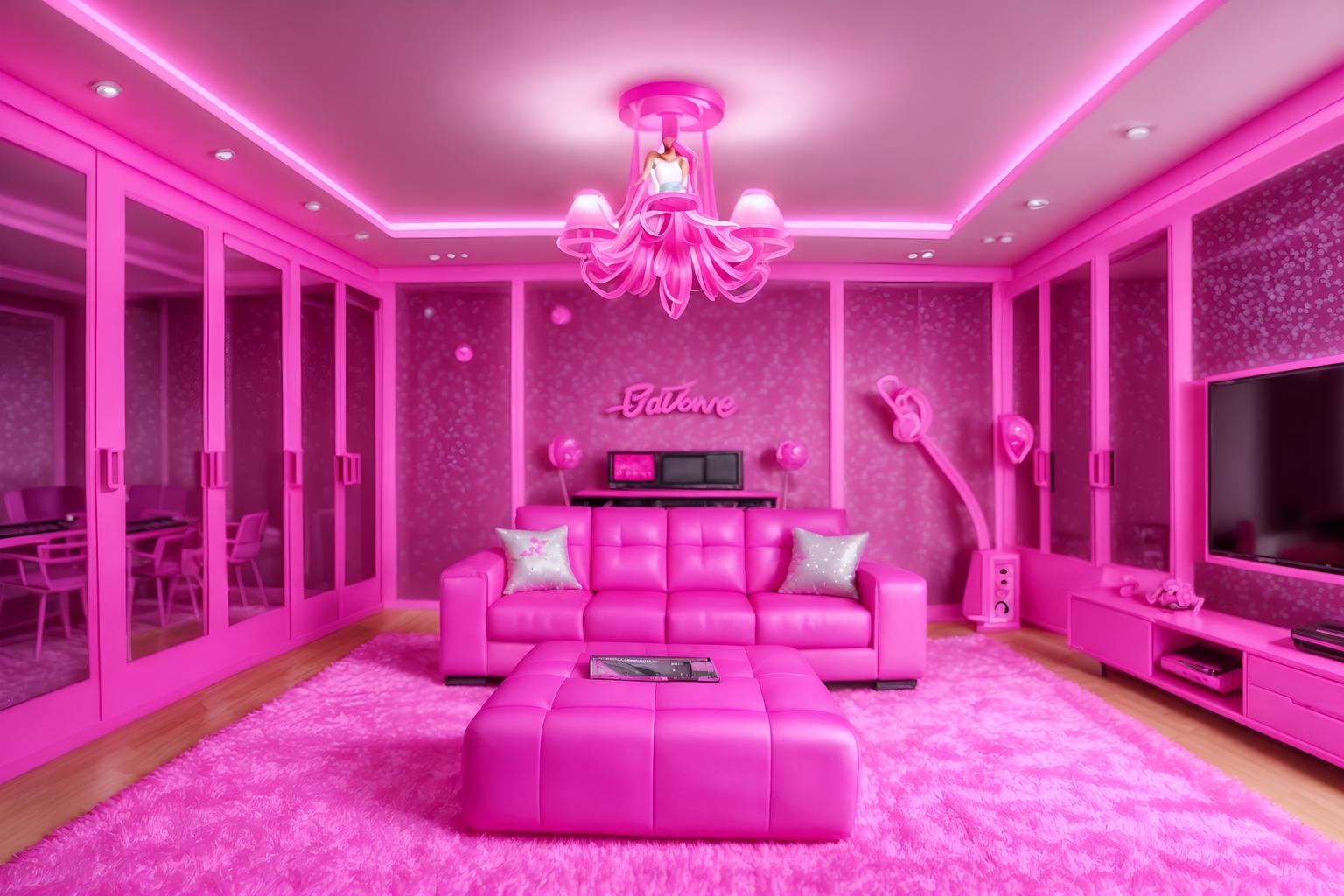 hot pink-style (gaming room interior) . with barbie glitter and sparkle and barbie bold rosy hues like fuchsia and magenta and hot pink barbie colors and barbie sofa and barbie style interior and barbie closet and barbie chairs and barbie plastic interior. . cinematic photo, highly detailed, cinematic lighting, ultra-detailed, ultrarealistic, photorealism, 8k. hot pink interior design style. masterpiece, cinematic light, ultrarealistic+, photorealistic+, 8k, raw photo, realistic, sharp focus on eyes, (symmetrical eyes), (intact eyes), hyperrealistic, highest quality, best quality, , highly detailed, masterpiece, best quality, extremely detailed 8k wallpaper, masterpiece, best quality, ultra-detailed, best shadow, detailed background, detailed face, detailed eyes, high contrast, best illumination, detailed face, dulux, caustic, dynamic angle, detailed glow. dramatic lighting. highly detailed, insanely detailed hair, symmetrical, intricate details, professionally retouched, 8k high definition. strong bokeh. award winning photo.