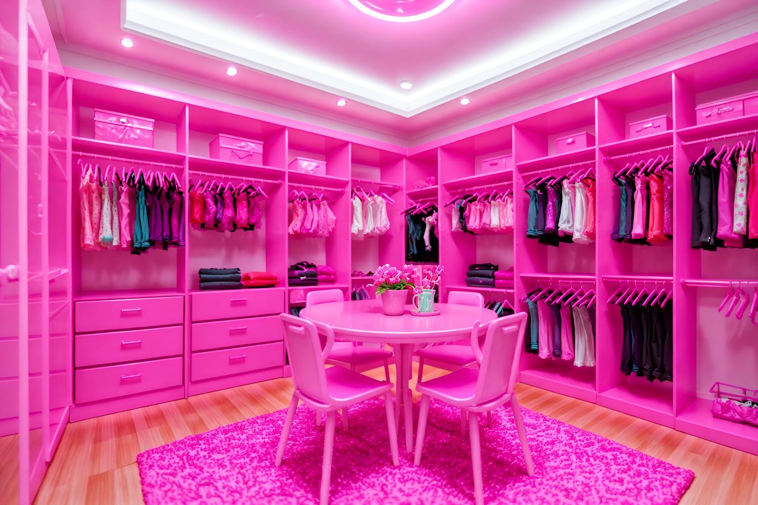 hot pink-style (walk in closet interior) . with barbie chairs and barbie sofa and barbie style interior and barbie glitter and sparkle and barbie closet and hot pink barbie colors and barbie plastic interior and barbie bold rosy hues like fuchsia and magenta. . cinematic photo, highly detailed, cinematic lighting, ultra-detailed, ultrarealistic, photorealism, 8k. hot pink interior design style. masterpiece, cinematic light, ultrarealistic+, photorealistic+, 8k, raw photo, realistic, sharp focus on eyes, (symmetrical eyes), (intact eyes), hyperrealistic, highest quality, best quality, , highly detailed, masterpiece, best quality, extremely detailed 8k wallpaper, masterpiece, best quality, ultra-detailed, best shadow, detailed background, detailed face, detailed eyes, high contrast, best illumination, detailed face, dulux, caustic, dynamic angle, detailed glow. dramatic lighting. highly detailed, insanely detailed hair, symmetrical, intricate details, professionally retouched, 8k high definition. strong bokeh. award winning photo.