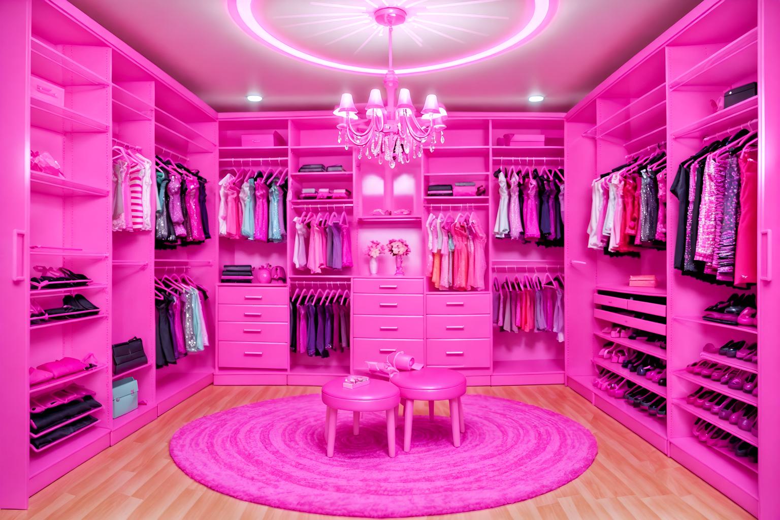 hot pink-style (walk in closet interior) . with barbie chairs and barbie sofa and barbie style interior and barbie glitter and sparkle and barbie closet and hot pink barbie colors and barbie plastic interior and barbie bold rosy hues like fuchsia and magenta. . cinematic photo, highly detailed, cinematic lighting, ultra-detailed, ultrarealistic, photorealism, 8k. hot pink interior design style. masterpiece, cinematic light, ultrarealistic+, photorealistic+, 8k, raw photo, realistic, sharp focus on eyes, (symmetrical eyes), (intact eyes), hyperrealistic, highest quality, best quality, , highly detailed, masterpiece, best quality, extremely detailed 8k wallpaper, masterpiece, best quality, ultra-detailed, best shadow, detailed background, detailed face, detailed eyes, high contrast, best illumination, detailed face, dulux, caustic, dynamic angle, detailed glow. dramatic lighting. highly detailed, insanely detailed hair, symmetrical, intricate details, professionally retouched, 8k high definition. strong bokeh. award winning photo.