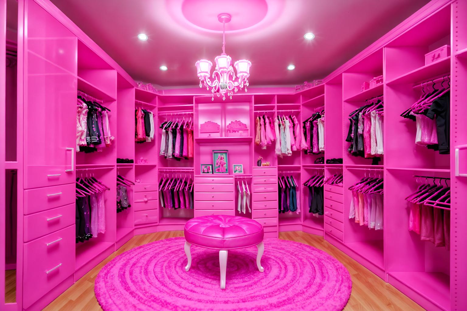 hot pink-style (walk in closet interior) . with barbie chairs and barbie sofa and barbie style interior and barbie glitter and sparkle and barbie closet and hot pink barbie colors and barbie plastic interior and barbie bold rosy hues like fuchsia and magenta. . cinematic photo, highly detailed, cinematic lighting, ultra-detailed, ultrarealistic, photorealism, 8k. hot pink interior design style. masterpiece, cinematic light, ultrarealistic+, photorealistic+, 8k, raw photo, realistic, sharp focus on eyes, (symmetrical eyes), (intact eyes), hyperrealistic, highest quality, best quality, , highly detailed, masterpiece, best quality, extremely detailed 8k wallpaper, masterpiece, best quality, ultra-detailed, best shadow, detailed background, detailed face, detailed eyes, high contrast, best illumination, detailed face, dulux, caustic, dynamic angle, detailed glow. dramatic lighting. highly detailed, insanely detailed hair, symmetrical, intricate details, professionally retouched, 8k high definition. strong bokeh. award winning photo.