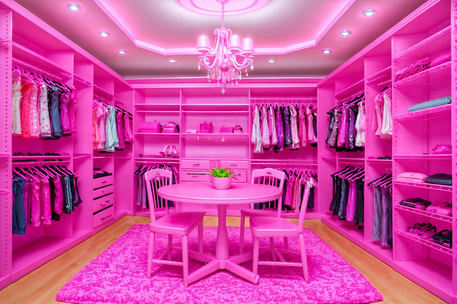 hot pink-style (walk in closet interior) . with barbie chairs and barbie sofa and barbie style interior and barbie glitter and sparkle and barbie closet and hot pink barbie colors and barbie plastic interior and barbie bold rosy hues like fuchsia and magenta. . cinematic photo, highly detailed, cinematic lighting, ultra-detailed, ultrarealistic, photorealism, 8k. hot pink interior design style. masterpiece, cinematic light, ultrarealistic+, photorealistic+, 8k, raw photo, realistic, sharp focus on eyes, (symmetrical eyes), (intact eyes), hyperrealistic, highest quality, best quality, , highly detailed, masterpiece, best quality, extremely detailed 8k wallpaper, masterpiece, best quality, ultra-detailed, best shadow, detailed background, detailed face, detailed eyes, high contrast, best illumination, detailed face, dulux, caustic, dynamic angle, detailed glow. dramatic lighting. highly detailed, insanely detailed hair, symmetrical, intricate details, professionally retouched, 8k high definition. strong bokeh. award winning photo.