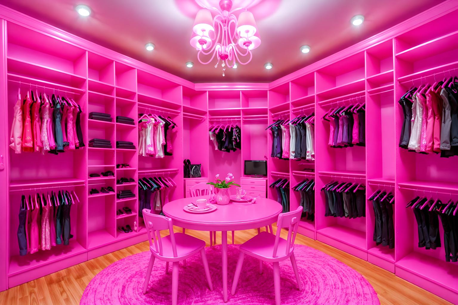 hot pink-style (walk in closet interior) . with barbie chairs and barbie sofa and barbie style interior and barbie glitter and sparkle and barbie closet and hot pink barbie colors and barbie plastic interior and barbie bold rosy hues like fuchsia and magenta. . cinematic photo, highly detailed, cinematic lighting, ultra-detailed, ultrarealistic, photorealism, 8k. hot pink interior design style. masterpiece, cinematic light, ultrarealistic+, photorealistic+, 8k, raw photo, realistic, sharp focus on eyes, (symmetrical eyes), (intact eyes), hyperrealistic, highest quality, best quality, , highly detailed, masterpiece, best quality, extremely detailed 8k wallpaper, masterpiece, best quality, ultra-detailed, best shadow, detailed background, detailed face, detailed eyes, high contrast, best illumination, detailed face, dulux, caustic, dynamic angle, detailed glow. dramatic lighting. highly detailed, insanely detailed hair, symmetrical, intricate details, professionally retouched, 8k high definition. strong bokeh. award winning photo.