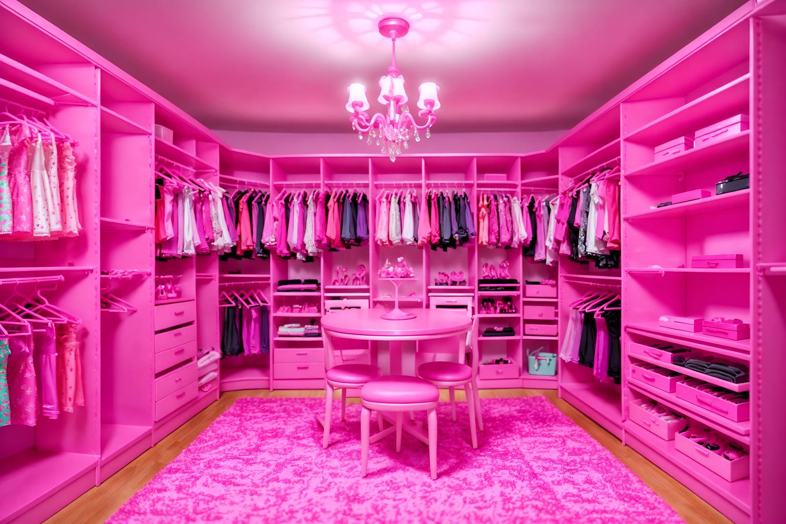 hot pink-style (walk in closet interior) . with barbie chairs and barbie sofa and barbie style interior and barbie glitter and sparkle and barbie closet and hot pink barbie colors and barbie plastic interior and barbie bold rosy hues like fuchsia and magenta. . cinematic photo, highly detailed, cinematic lighting, ultra-detailed, ultrarealistic, photorealism, 8k. hot pink interior design style. masterpiece, cinematic light, ultrarealistic+, photorealistic+, 8k, raw photo, realistic, sharp focus on eyes, (symmetrical eyes), (intact eyes), hyperrealistic, highest quality, best quality, , highly detailed, masterpiece, best quality, extremely detailed 8k wallpaper, masterpiece, best quality, ultra-detailed, best shadow, detailed background, detailed face, detailed eyes, high contrast, best illumination, detailed face, dulux, caustic, dynamic angle, detailed glow. dramatic lighting. highly detailed, insanely detailed hair, symmetrical, intricate details, professionally retouched, 8k high definition. strong bokeh. award winning photo.