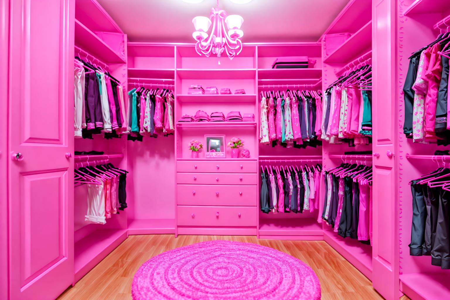 hot pink-style (walk in closet interior) . with barbie chairs and barbie sofa and barbie style interior and barbie glitter and sparkle and barbie closet and hot pink barbie colors and barbie plastic interior and barbie bold rosy hues like fuchsia and magenta. . cinematic photo, highly detailed, cinematic lighting, ultra-detailed, ultrarealistic, photorealism, 8k. hot pink interior design style. masterpiece, cinematic light, ultrarealistic+, photorealistic+, 8k, raw photo, realistic, sharp focus on eyes, (symmetrical eyes), (intact eyes), hyperrealistic, highest quality, best quality, , highly detailed, masterpiece, best quality, extremely detailed 8k wallpaper, masterpiece, best quality, ultra-detailed, best shadow, detailed background, detailed face, detailed eyes, high contrast, best illumination, detailed face, dulux, caustic, dynamic angle, detailed glow. dramatic lighting. highly detailed, insanely detailed hair, symmetrical, intricate details, professionally retouched, 8k high definition. strong bokeh. award winning photo.