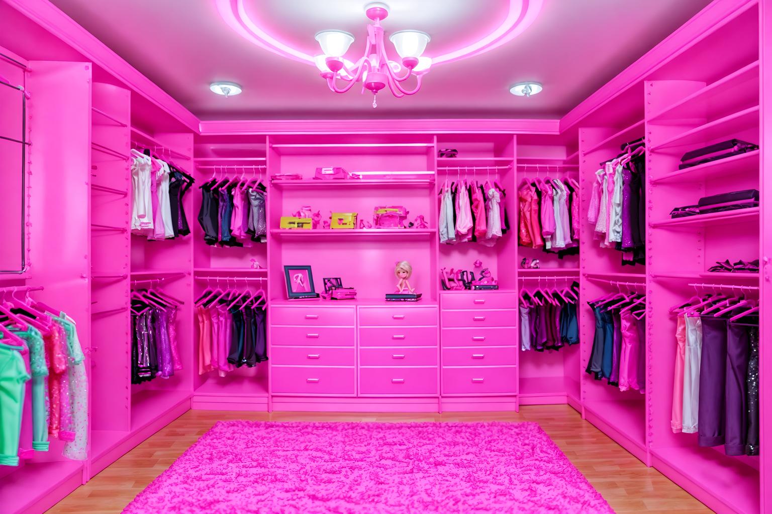 hot pink-style (walk in closet interior) . with barbie chairs and barbie sofa and barbie style interior and barbie glitter and sparkle and barbie closet and hot pink barbie colors and barbie plastic interior and barbie bold rosy hues like fuchsia and magenta. . cinematic photo, highly detailed, cinematic lighting, ultra-detailed, ultrarealistic, photorealism, 8k. hot pink interior design style. masterpiece, cinematic light, ultrarealistic+, photorealistic+, 8k, raw photo, realistic, sharp focus on eyes, (symmetrical eyes), (intact eyes), hyperrealistic, highest quality, best quality, , highly detailed, masterpiece, best quality, extremely detailed 8k wallpaper, masterpiece, best quality, ultra-detailed, best shadow, detailed background, detailed face, detailed eyes, high contrast, best illumination, detailed face, dulux, caustic, dynamic angle, detailed glow. dramatic lighting. highly detailed, insanely detailed hair, symmetrical, intricate details, professionally retouched, 8k high definition. strong bokeh. award winning photo.