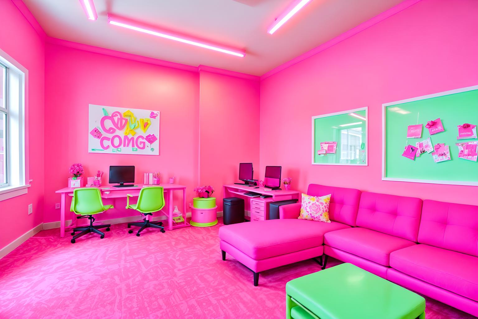 hot pink-style (coworking space interior) with office chairs and lounge chairs and office desks and seating area with sofa and office chairs. . with barbie sofa and barbie plastic interior and barbie chairs and barbie bold rosy hues like fuchsia and magenta and barbie closet and hot pink barbie colors and barbie glitter and sparkle and hot pink barbie walls. . cinematic photo, highly detailed, cinematic lighting, ultra-detailed, ultrarealistic, photorealism, 8k. hot pink interior design style. masterpiece, cinematic light, ultrarealistic+, photorealistic+, 8k, raw photo, realistic, sharp focus on eyes, (symmetrical eyes), (intact eyes), hyperrealistic, highest quality, best quality, , highly detailed, masterpiece, best quality, extremely detailed 8k wallpaper, masterpiece, best quality, ultra-detailed, best shadow, detailed background, detailed face, detailed eyes, high contrast, best illumination, detailed face, dulux, caustic, dynamic angle, detailed glow. dramatic lighting. highly detailed, insanely detailed hair, symmetrical, intricate details, professionally retouched, 8k high definition. strong bokeh. award winning photo.