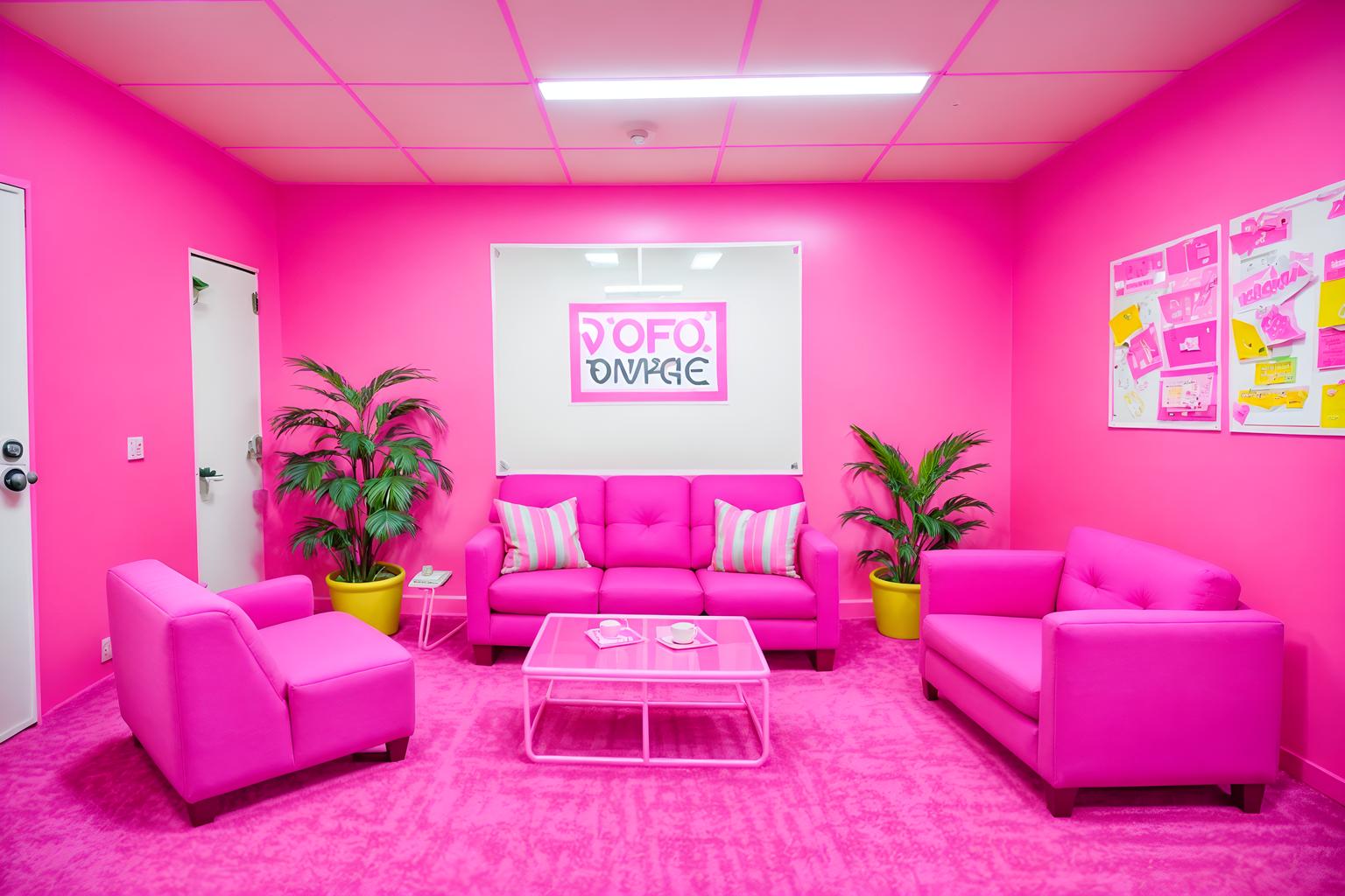 hot pink-style (coworking space interior) with office chairs and lounge chairs and office desks and seating area with sofa and office chairs. . with barbie sofa and barbie plastic interior and barbie chairs and barbie bold rosy hues like fuchsia and magenta and barbie closet and hot pink barbie colors and barbie glitter and sparkle and hot pink barbie walls. . cinematic photo, highly detailed, cinematic lighting, ultra-detailed, ultrarealistic, photorealism, 8k. hot pink interior design style. masterpiece, cinematic light, ultrarealistic+, photorealistic+, 8k, raw photo, realistic, sharp focus on eyes, (symmetrical eyes), (intact eyes), hyperrealistic, highest quality, best quality, , highly detailed, masterpiece, best quality, extremely detailed 8k wallpaper, masterpiece, best quality, ultra-detailed, best shadow, detailed background, detailed face, detailed eyes, high contrast, best illumination, detailed face, dulux, caustic, dynamic angle, detailed glow. dramatic lighting. highly detailed, insanely detailed hair, symmetrical, intricate details, professionally retouched, 8k high definition. strong bokeh. award winning photo.