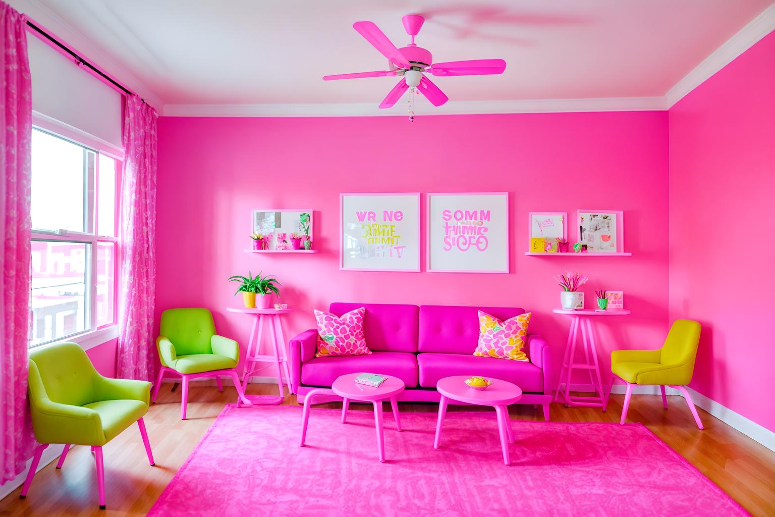 hot pink-style (coworking space interior) with office chairs and lounge chairs and office desks and seating area with sofa and office chairs. . with barbie sofa and barbie plastic interior and barbie chairs and barbie bold rosy hues like fuchsia and magenta and barbie closet and hot pink barbie colors and barbie glitter and sparkle and hot pink barbie walls. . cinematic photo, highly detailed, cinematic lighting, ultra-detailed, ultrarealistic, photorealism, 8k. hot pink interior design style. masterpiece, cinematic light, ultrarealistic+, photorealistic+, 8k, raw photo, realistic, sharp focus on eyes, (symmetrical eyes), (intact eyes), hyperrealistic, highest quality, best quality, , highly detailed, masterpiece, best quality, extremely detailed 8k wallpaper, masterpiece, best quality, ultra-detailed, best shadow, detailed background, detailed face, detailed eyes, high contrast, best illumination, detailed face, dulux, caustic, dynamic angle, detailed glow. dramatic lighting. highly detailed, insanely detailed hair, symmetrical, intricate details, professionally retouched, 8k high definition. strong bokeh. award winning photo.