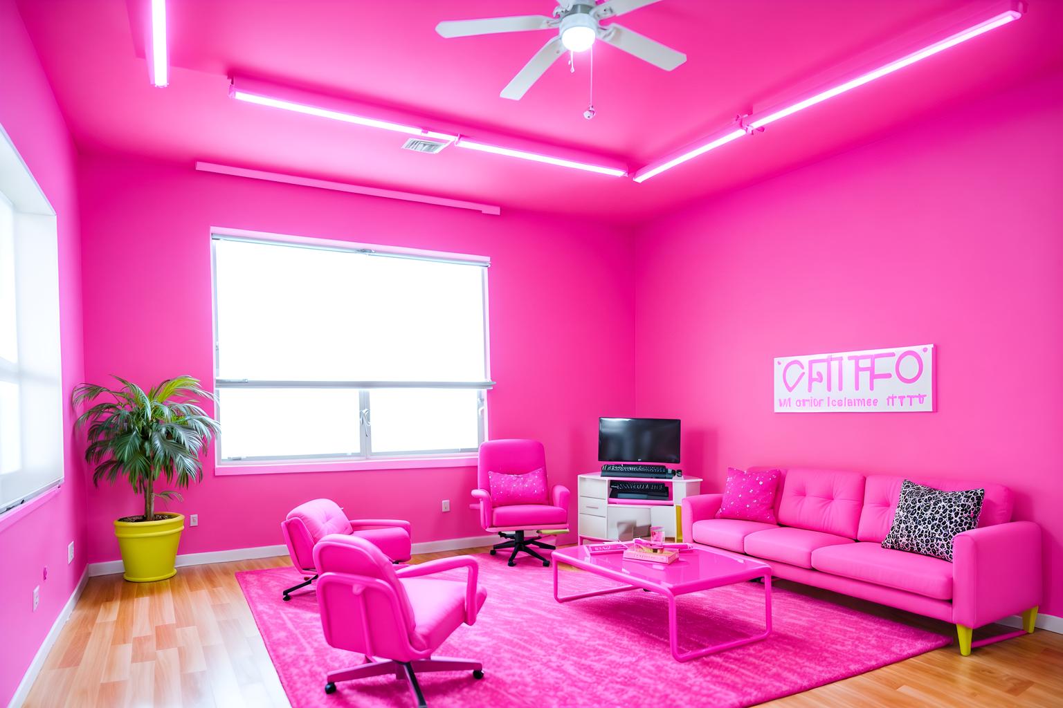 hot pink-style (coworking space interior) with office chairs and lounge chairs and office desks and seating area with sofa and office chairs. . with barbie sofa and barbie plastic interior and barbie chairs and barbie bold rosy hues like fuchsia and magenta and barbie closet and hot pink barbie colors and barbie glitter and sparkle and hot pink barbie walls. . cinematic photo, highly detailed, cinematic lighting, ultra-detailed, ultrarealistic, photorealism, 8k. hot pink interior design style. masterpiece, cinematic light, ultrarealistic+, photorealistic+, 8k, raw photo, realistic, sharp focus on eyes, (symmetrical eyes), (intact eyes), hyperrealistic, highest quality, best quality, , highly detailed, masterpiece, best quality, extremely detailed 8k wallpaper, masterpiece, best quality, ultra-detailed, best shadow, detailed background, detailed face, detailed eyes, high contrast, best illumination, detailed face, dulux, caustic, dynamic angle, detailed glow. dramatic lighting. highly detailed, insanely detailed hair, symmetrical, intricate details, professionally retouched, 8k high definition. strong bokeh. award winning photo.