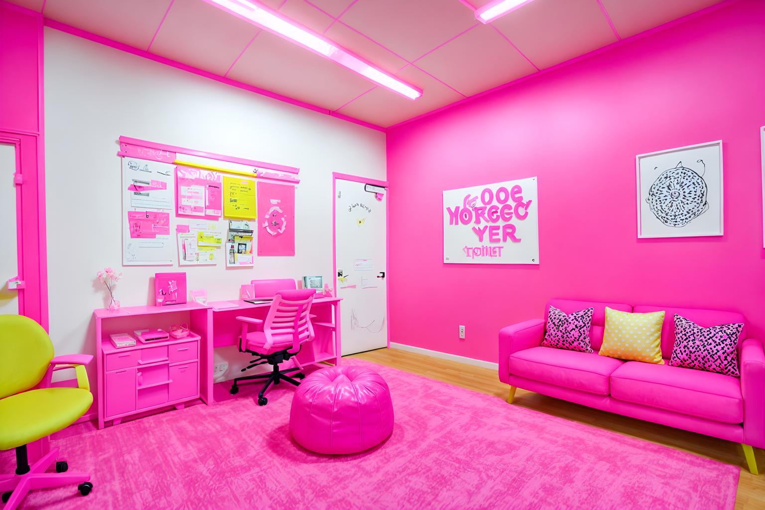 hot pink-style (coworking space interior) with office chairs and lounge chairs and office desks and seating area with sofa and office chairs. . with barbie sofa and barbie plastic interior and barbie chairs and barbie bold rosy hues like fuchsia and magenta and barbie closet and hot pink barbie colors and barbie glitter and sparkle and hot pink barbie walls. . cinematic photo, highly detailed, cinematic lighting, ultra-detailed, ultrarealistic, photorealism, 8k. hot pink interior design style. masterpiece, cinematic light, ultrarealistic+, photorealistic+, 8k, raw photo, realistic, sharp focus on eyes, (symmetrical eyes), (intact eyes), hyperrealistic, highest quality, best quality, , highly detailed, masterpiece, best quality, extremely detailed 8k wallpaper, masterpiece, best quality, ultra-detailed, best shadow, detailed background, detailed face, detailed eyes, high contrast, best illumination, detailed face, dulux, caustic, dynamic angle, detailed glow. dramatic lighting. highly detailed, insanely detailed hair, symmetrical, intricate details, professionally retouched, 8k high definition. strong bokeh. award winning photo.