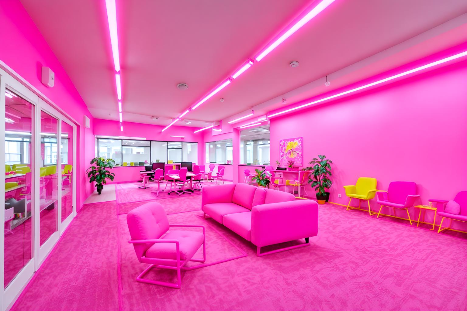 hot pink-style (coworking space interior) with office chairs and lounge chairs and office desks and seating area with sofa and office chairs. . with barbie sofa and barbie plastic interior and barbie chairs and barbie bold rosy hues like fuchsia and magenta and barbie closet and hot pink barbie colors and barbie glitter and sparkle and hot pink barbie walls. . cinematic photo, highly detailed, cinematic lighting, ultra-detailed, ultrarealistic, photorealism, 8k. hot pink interior design style. masterpiece, cinematic light, ultrarealistic+, photorealistic+, 8k, raw photo, realistic, sharp focus on eyes, (symmetrical eyes), (intact eyes), hyperrealistic, highest quality, best quality, , highly detailed, masterpiece, best quality, extremely detailed 8k wallpaper, masterpiece, best quality, ultra-detailed, best shadow, detailed background, detailed face, detailed eyes, high contrast, best illumination, detailed face, dulux, caustic, dynamic angle, detailed glow. dramatic lighting. highly detailed, insanely detailed hair, symmetrical, intricate details, professionally retouched, 8k high definition. strong bokeh. award winning photo.