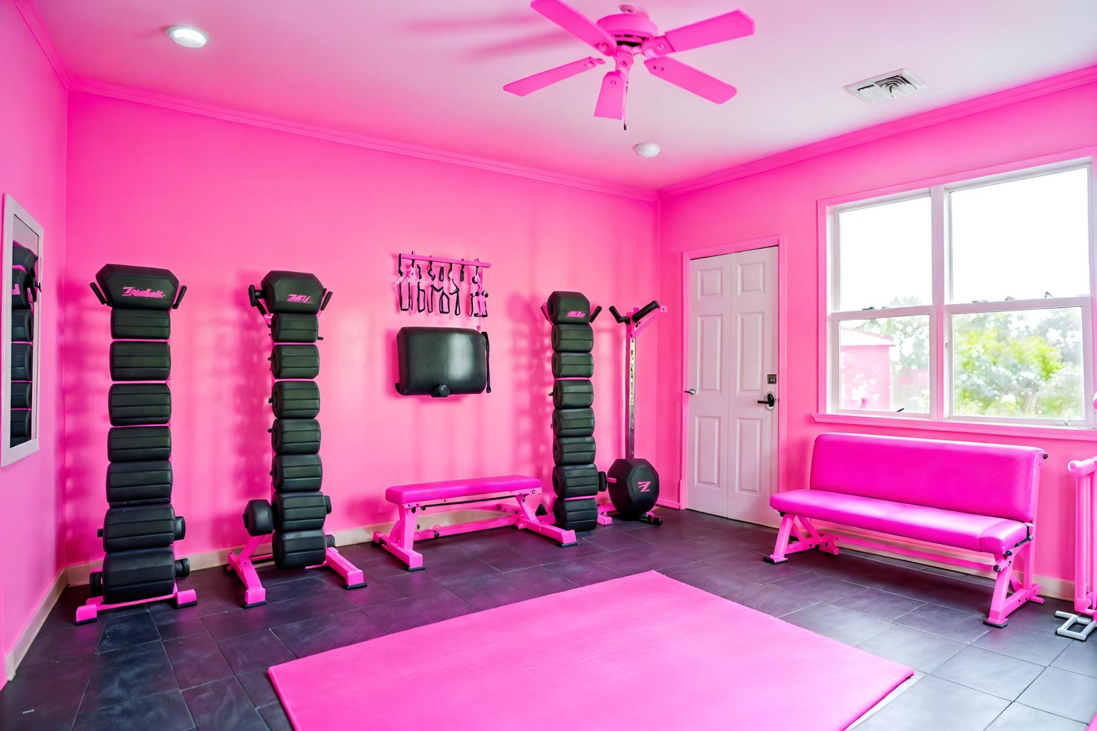 hot pink-style (fitness gym interior) with dumbbell stand and exercise bicycle and squat rack and bench press and crosstrainer and dumbbell stand. . with barbie style interior and hot pink barbie walls and barbie sofa and hot pink barbie colors and barbie plastic interior and barbie bold rosy hues like fuchsia and magenta and barbie chairs and barbie closet. . cinematic photo, highly detailed, cinematic lighting, ultra-detailed, ultrarealistic, photorealism, 8k. hot pink interior design style. masterpiece, cinematic light, ultrarealistic+, photorealistic+, 8k, raw photo, realistic, sharp focus on eyes, (symmetrical eyes), (intact eyes), hyperrealistic, highest quality, best quality, , highly detailed, masterpiece, best quality, extremely detailed 8k wallpaper, masterpiece, best quality, ultra-detailed, best shadow, detailed background, detailed face, detailed eyes, high contrast, best illumination, detailed face, dulux, caustic, dynamic angle, detailed glow. dramatic lighting. highly detailed, insanely detailed hair, symmetrical, intricate details, professionally retouched, 8k high definition. strong bokeh. award winning photo.