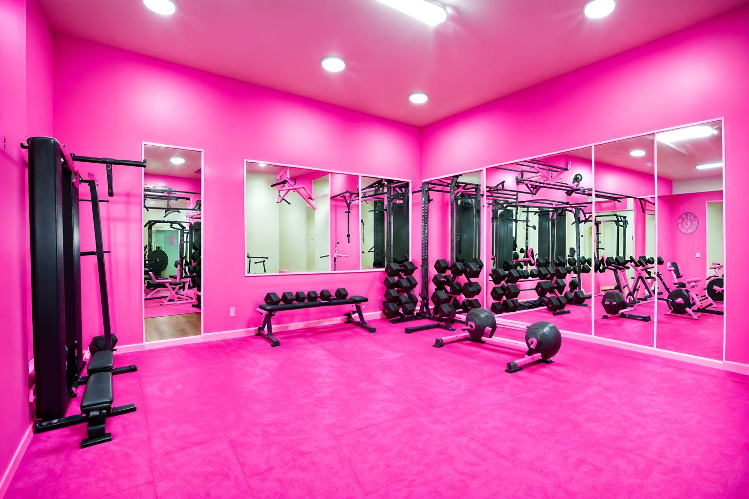 hot pink-style (fitness gym interior) with dumbbell stand and exercise bicycle and squat rack and bench press and crosstrainer and dumbbell stand. . with barbie style interior and hot pink barbie walls and barbie sofa and hot pink barbie colors and barbie plastic interior and barbie bold rosy hues like fuchsia and magenta and barbie chairs and barbie closet. . cinematic photo, highly detailed, cinematic lighting, ultra-detailed, ultrarealistic, photorealism, 8k. hot pink interior design style. masterpiece, cinematic light, ultrarealistic+, photorealistic+, 8k, raw photo, realistic, sharp focus on eyes, (symmetrical eyes), (intact eyes), hyperrealistic, highest quality, best quality, , highly detailed, masterpiece, best quality, extremely detailed 8k wallpaper, masterpiece, best quality, ultra-detailed, best shadow, detailed background, detailed face, detailed eyes, high contrast, best illumination, detailed face, dulux, caustic, dynamic angle, detailed glow. dramatic lighting. highly detailed, insanely detailed hair, symmetrical, intricate details, professionally retouched, 8k high definition. strong bokeh. award winning photo.