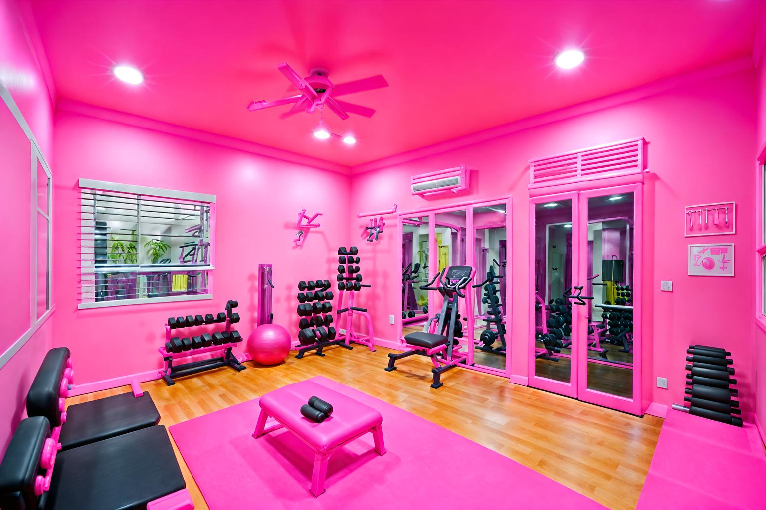 hot pink-style (fitness gym interior) with dumbbell stand and exercise bicycle and squat rack and bench press and crosstrainer and dumbbell stand. . with barbie style interior and hot pink barbie walls and barbie sofa and hot pink barbie colors and barbie plastic interior and barbie bold rosy hues like fuchsia and magenta and barbie chairs and barbie closet. . cinematic photo, highly detailed, cinematic lighting, ultra-detailed, ultrarealistic, photorealism, 8k. hot pink interior design style. masterpiece, cinematic light, ultrarealistic+, photorealistic+, 8k, raw photo, realistic, sharp focus on eyes, (symmetrical eyes), (intact eyes), hyperrealistic, highest quality, best quality, , highly detailed, masterpiece, best quality, extremely detailed 8k wallpaper, masterpiece, best quality, ultra-detailed, best shadow, detailed background, detailed face, detailed eyes, high contrast, best illumination, detailed face, dulux, caustic, dynamic angle, detailed glow. dramatic lighting. highly detailed, insanely detailed hair, symmetrical, intricate details, professionally retouched, 8k high definition. strong bokeh. award winning photo.