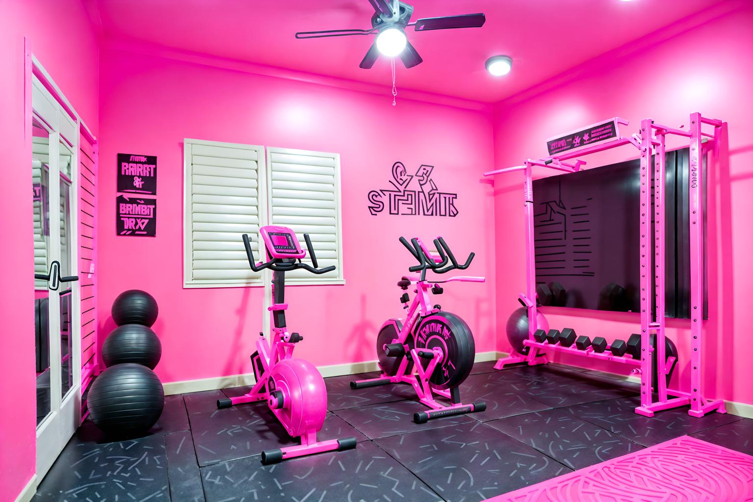 hot pink-style (fitness gym interior) with dumbbell stand and exercise bicycle and squat rack and bench press and crosstrainer and dumbbell stand. . with barbie style interior and hot pink barbie walls and barbie sofa and hot pink barbie colors and barbie plastic interior and barbie bold rosy hues like fuchsia and magenta and barbie chairs and barbie closet. . cinematic photo, highly detailed, cinematic lighting, ultra-detailed, ultrarealistic, photorealism, 8k. hot pink interior design style. masterpiece, cinematic light, ultrarealistic+, photorealistic+, 8k, raw photo, realistic, sharp focus on eyes, (symmetrical eyes), (intact eyes), hyperrealistic, highest quality, best quality, , highly detailed, masterpiece, best quality, extremely detailed 8k wallpaper, masterpiece, best quality, ultra-detailed, best shadow, detailed background, detailed face, detailed eyes, high contrast, best illumination, detailed face, dulux, caustic, dynamic angle, detailed glow. dramatic lighting. highly detailed, insanely detailed hair, symmetrical, intricate details, professionally retouched, 8k high definition. strong bokeh. award winning photo.